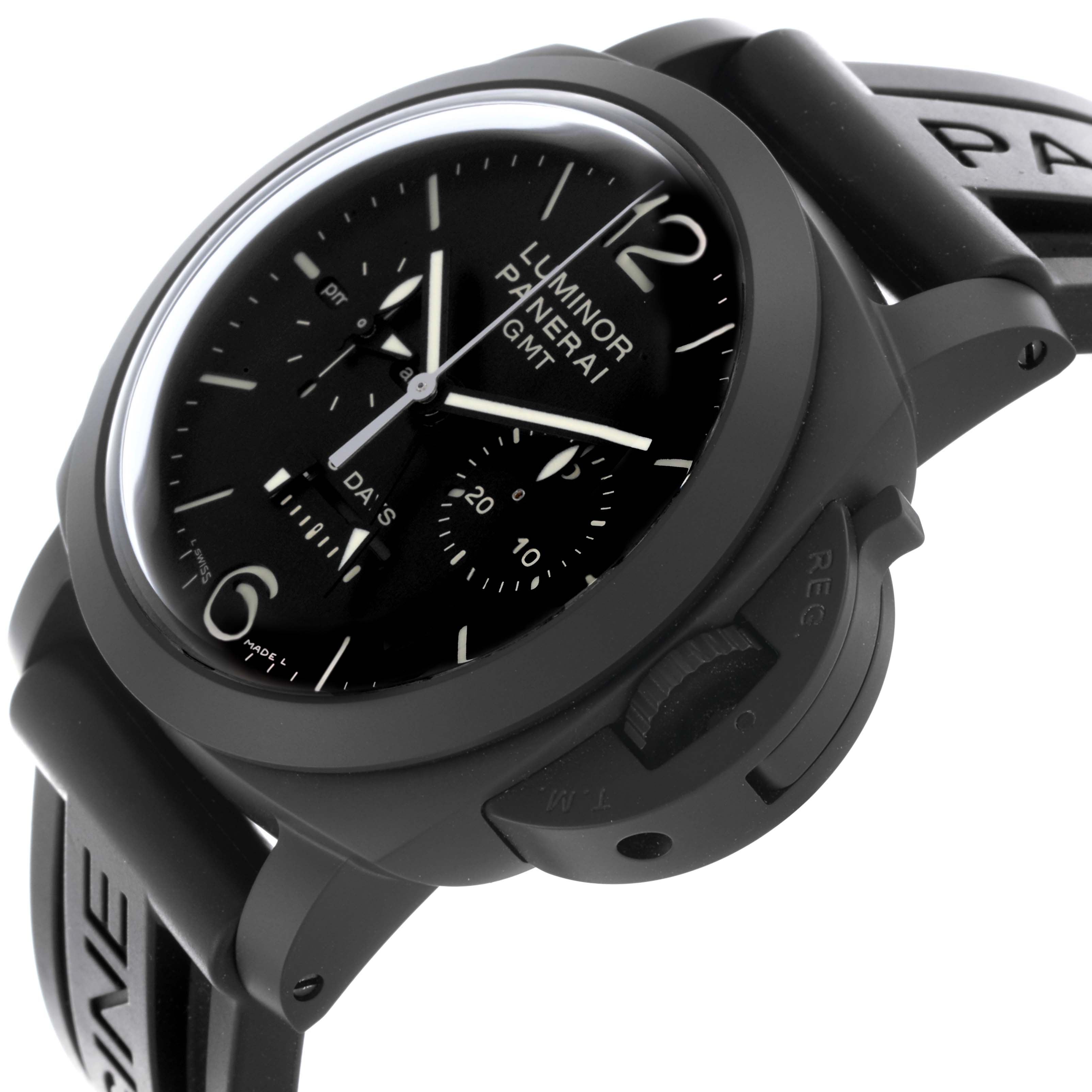 The image shows a Panerai Luminor PAM00317 Men
s Ceramic Black Dial PAM00317 Men
s Ceramic Black Dial model watch at a slight angle, highlighting the face, crown guard, and strap.