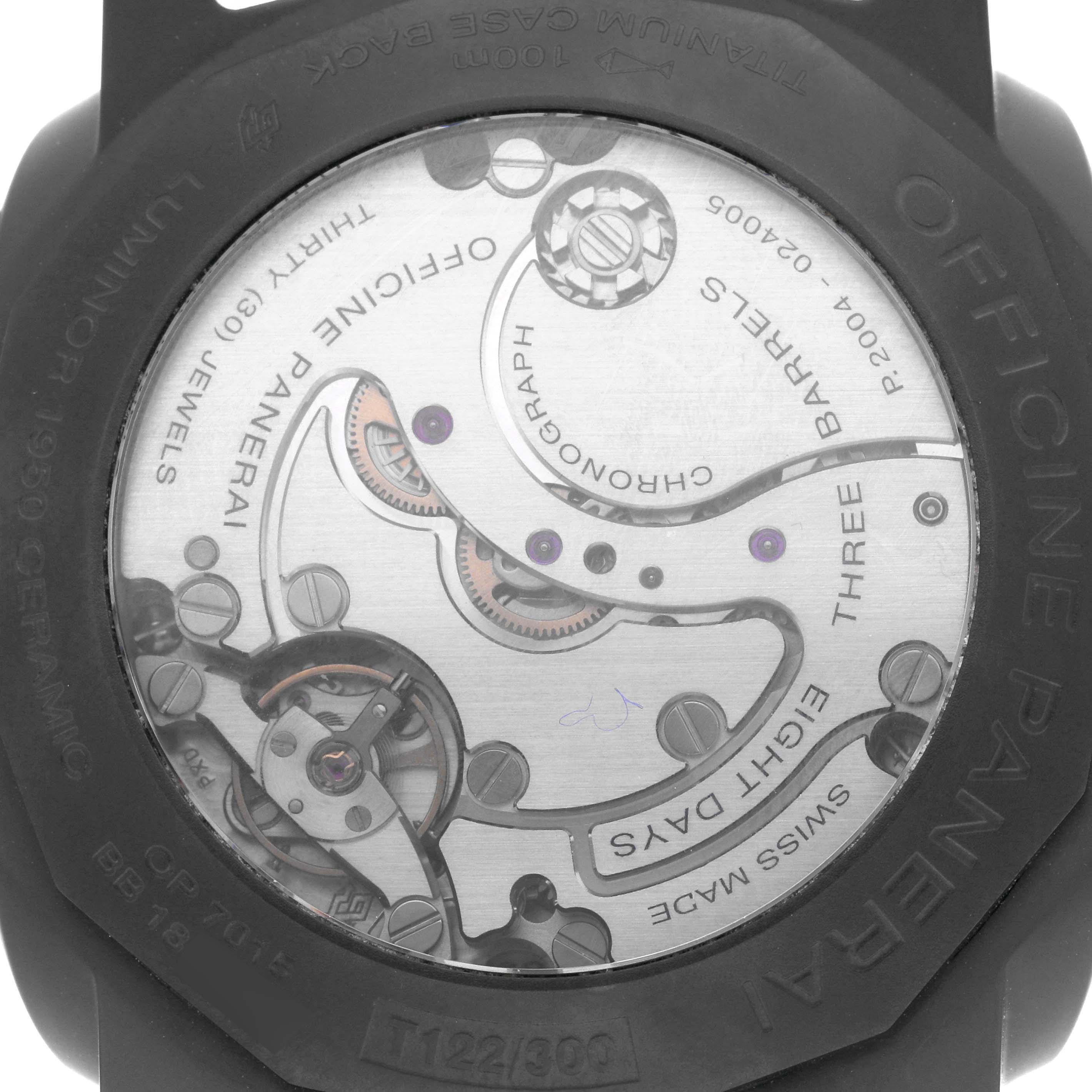 The image shows the back of a Panerai Luminor PAM00317 Men
s Ceramic Black Dial PAM00317 Men
s Ceramic Black Dial watch, displaying its inner mechanical movement.