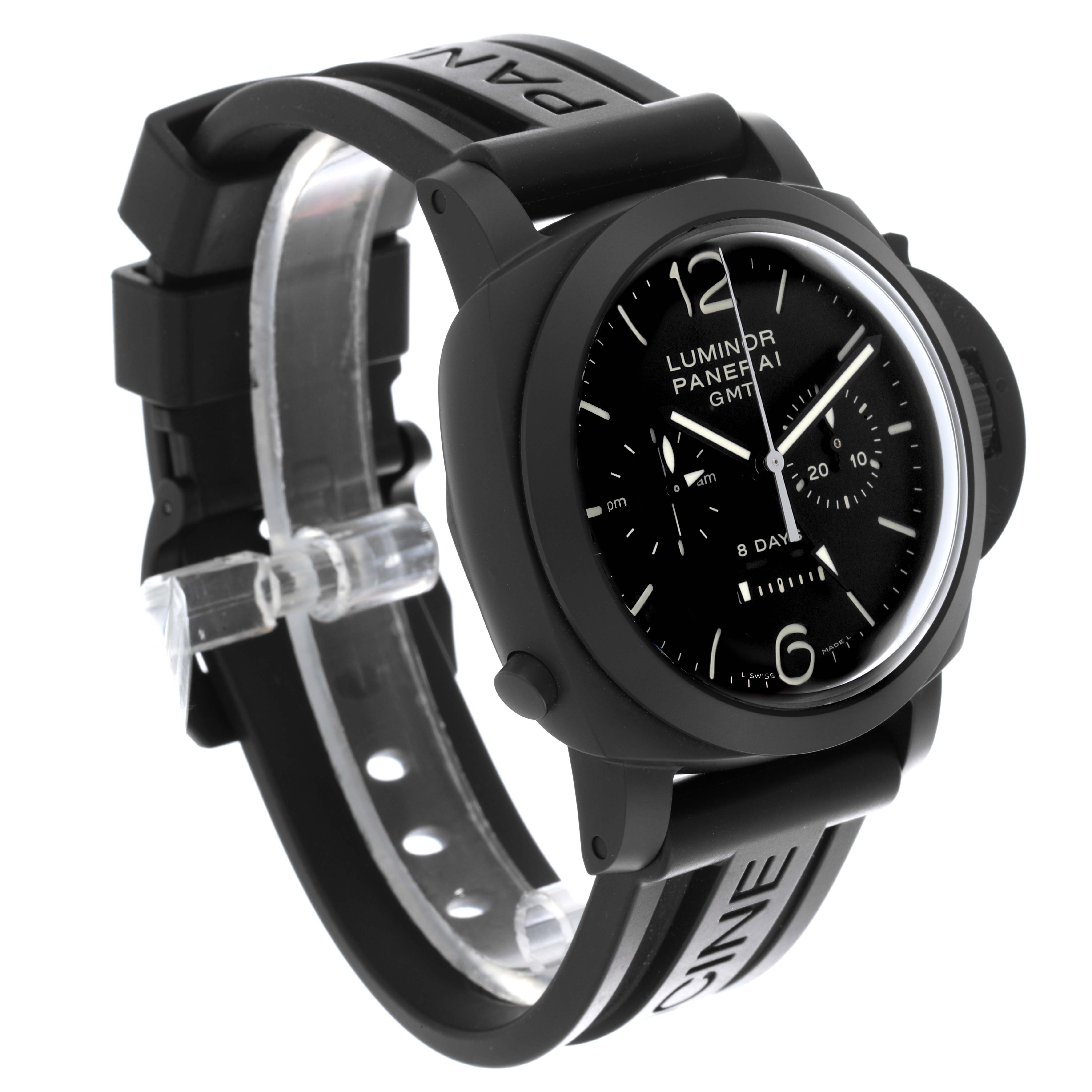 The Panerai Luminor PAM00317 Men
s Ceramic Black Dial PAM00317 Men
s Ceramic Black Dial watch is shown from a three-quarter angle highlighting the face, crown guard, and strap.