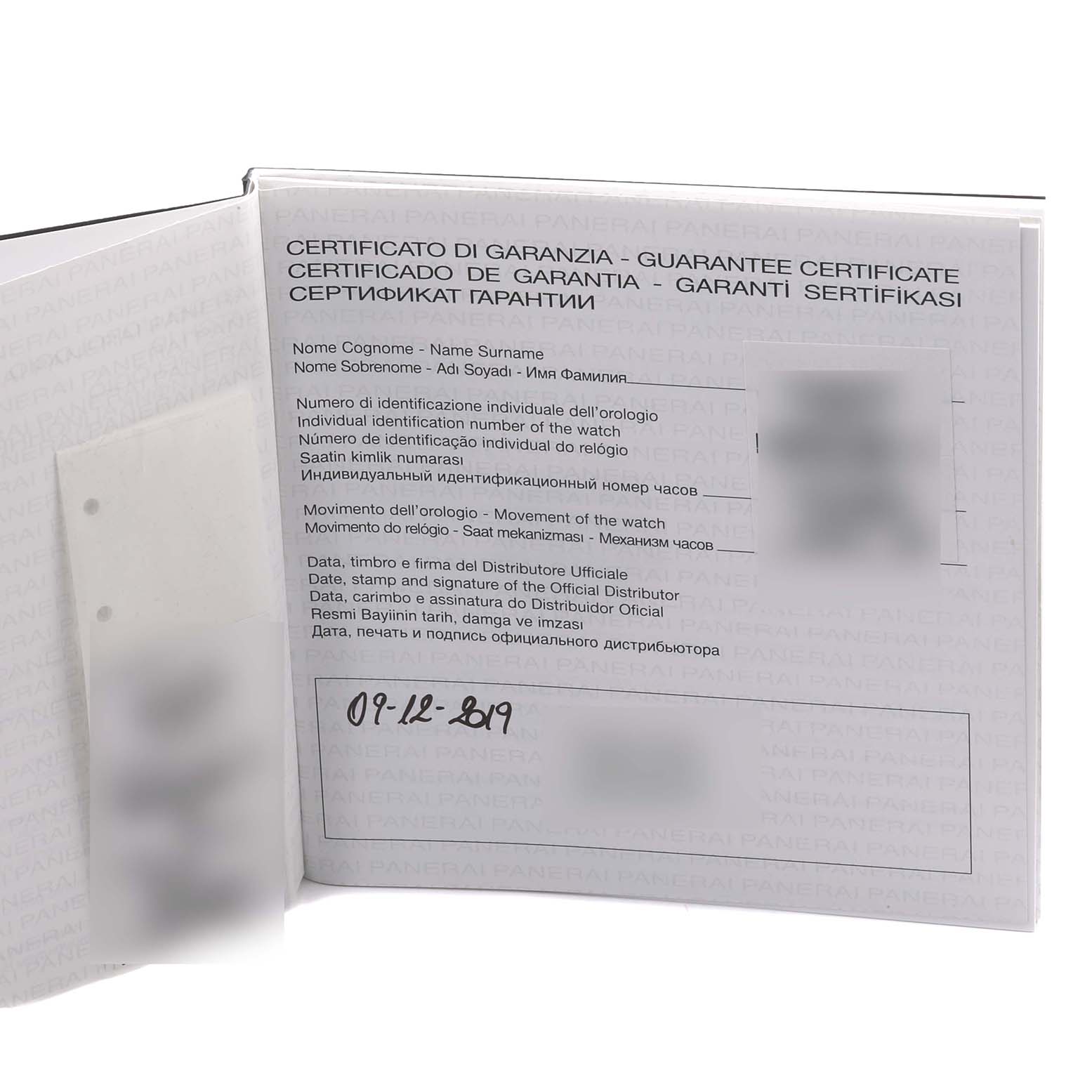 The image shows a guarantee certificate for the Panerai Luminor PAM00317 Men
s Ceramic Black Dial PAM00317 Men
s Ceramic Black Dial watch, viewed from an open angle.