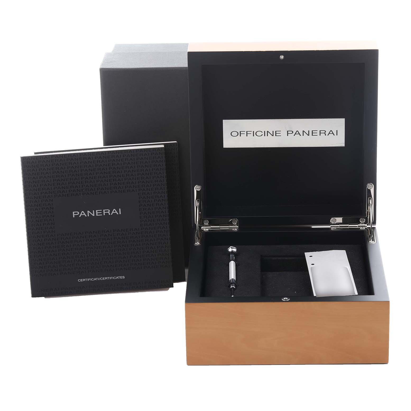 The image shows an open Panerai Luminor PAM00317 Men
s Ceramic Black Dial PAM00317 Men
s Ceramic Black Dial watch box with accessories and a booklet, viewed from the front.