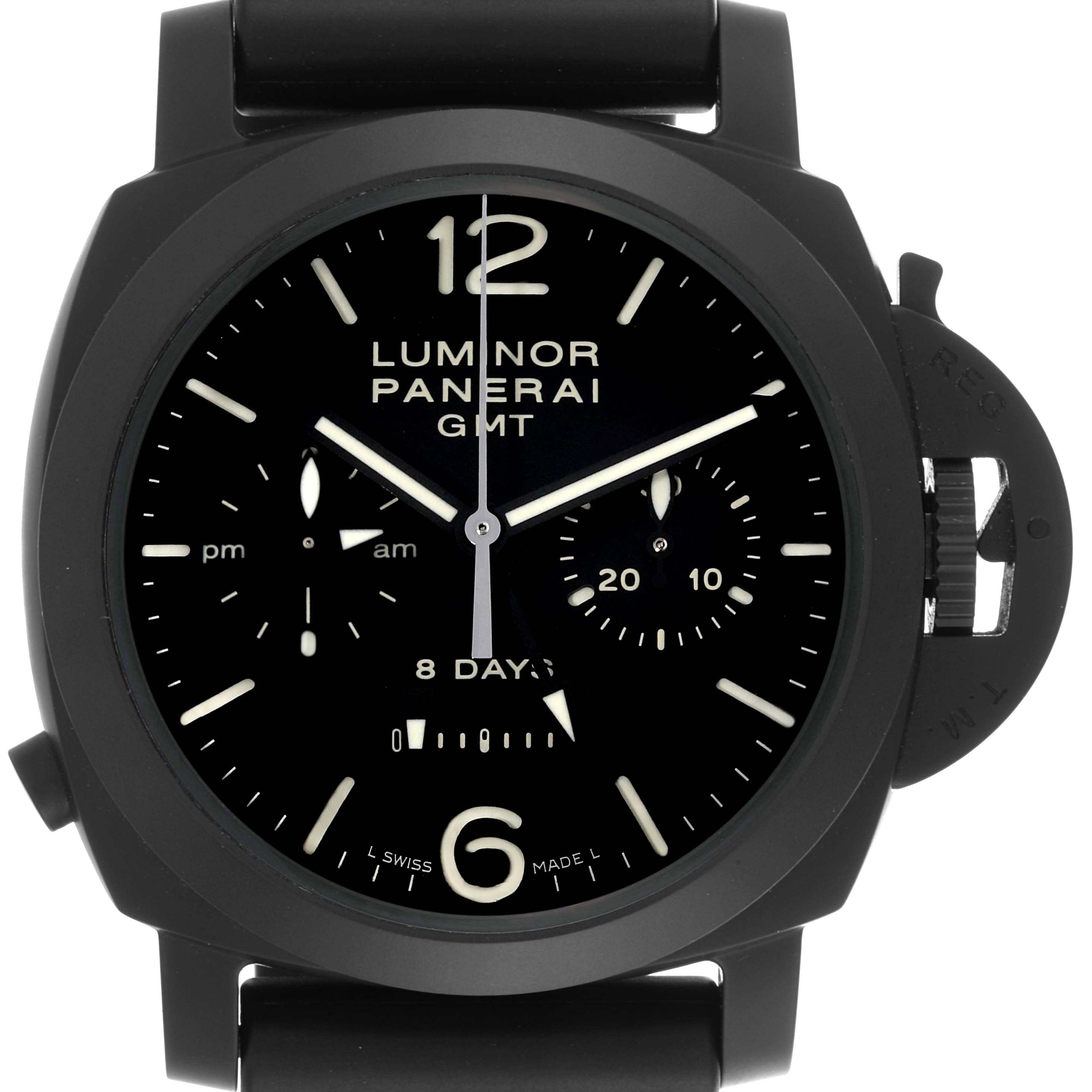 The Panerai Luminor PAM00317 Men
s Ceramic Black Dial PAM00317 Men
s Ceramic Black Dial watch is shown from a front angle, displaying the dial, hands, subdials, and crown guard.