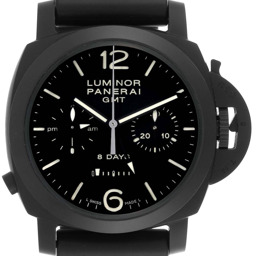 The Panerai Luminor watch is shown from a front angle, displaying the dial, hands, subdials, and crown guard.