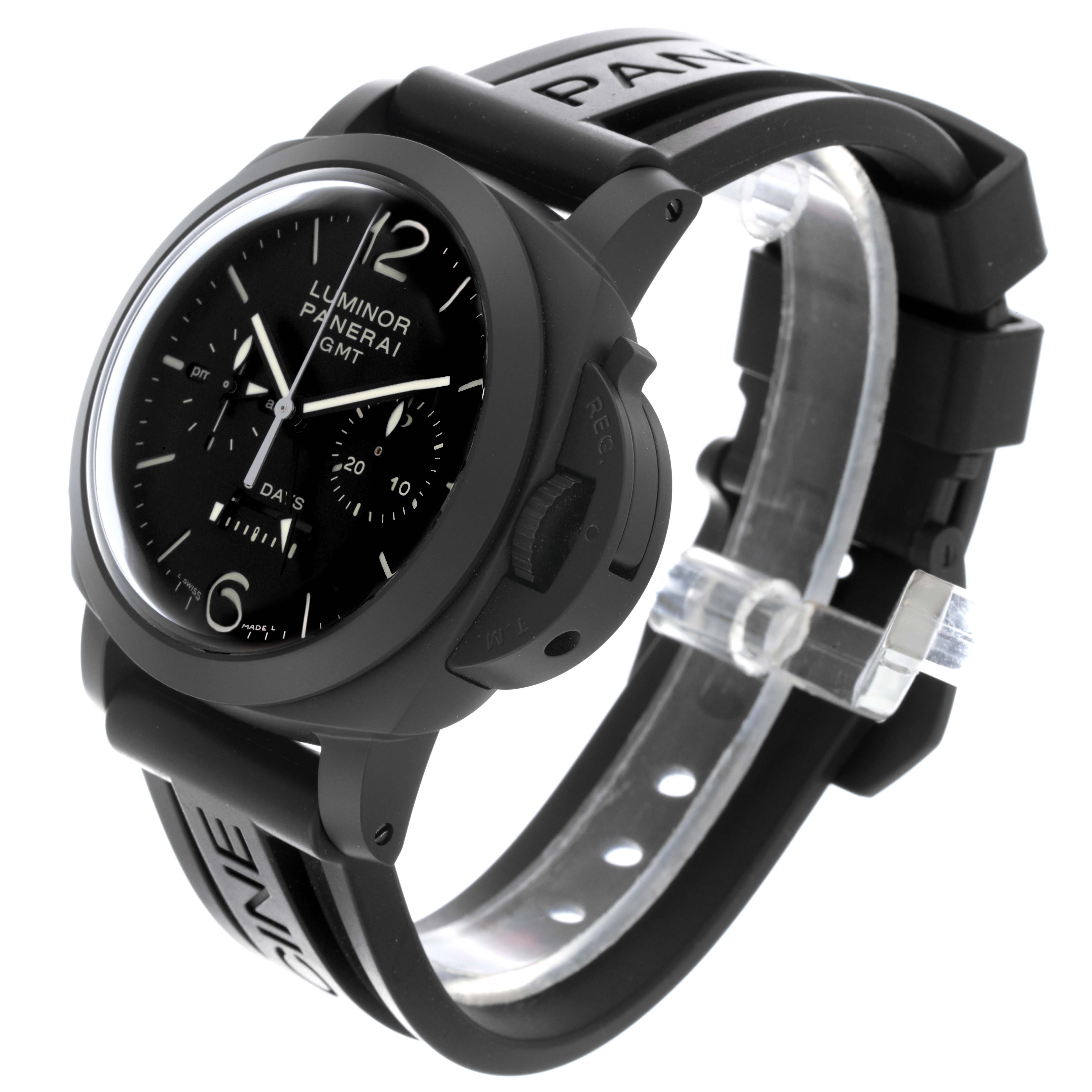 The image shows a Panerai Luminor PAM00317 Men
s Ceramic Black Dial PAM00317 Men
s Ceramic Black Dial watch at a three-quarter angle, highlighting its face, crown guard, and rubber strap.