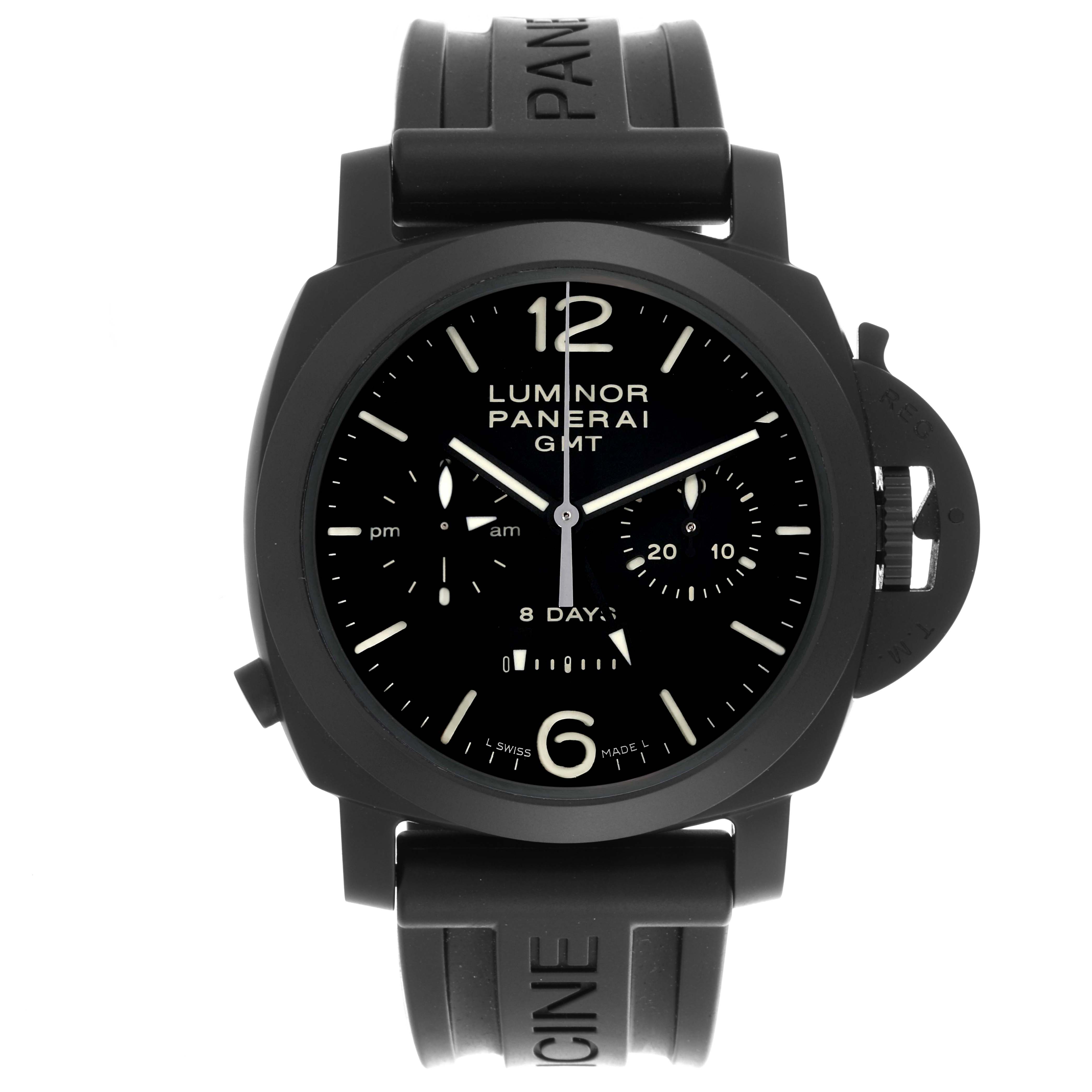 The Panerai Luminor PAM00317 Men
s Ceramic Black Dial PAM00317 Men
s Ceramic Black Dial watch is shown from a front angle, displaying the dial, strap, and signature crown guard.