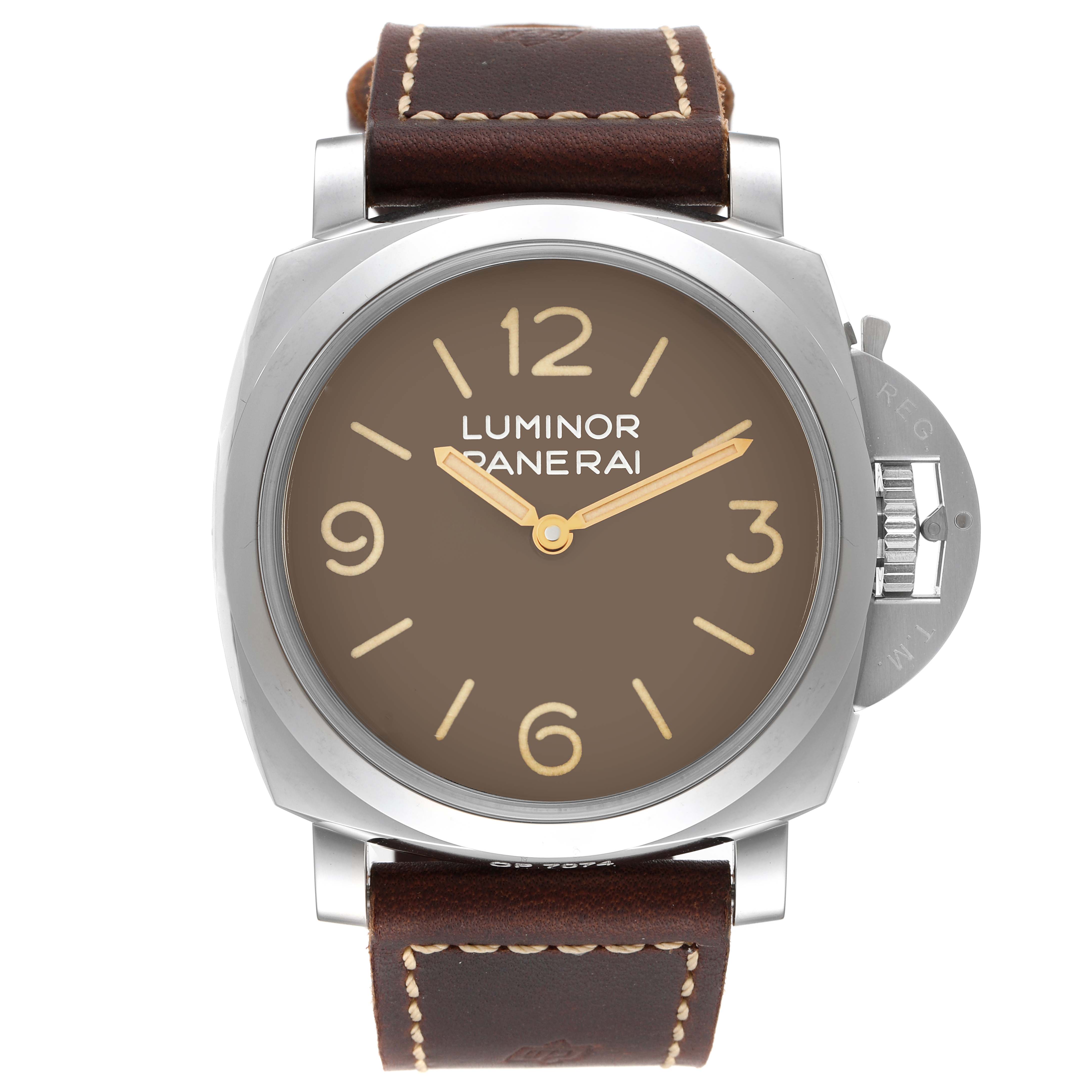 This is a front view of a Panerai Luminor PAM00663 Men
s Stainless Steel Brown Dial PAM00663 Men
s Stainless Steel Brown Dial watch, showing its face, case, crown guard, and brown leather strap.