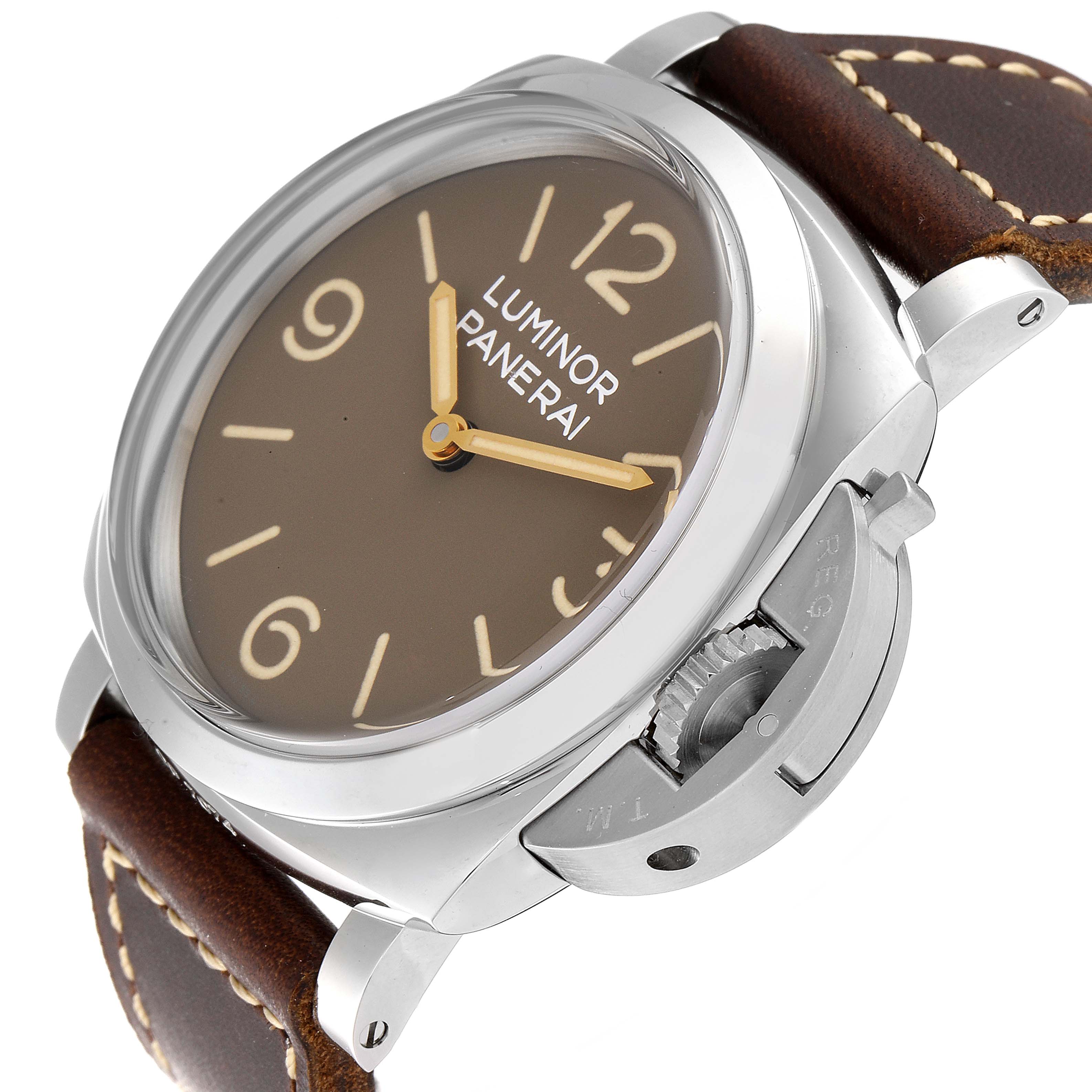 This image shows a side-angle view of the Panerai Luminor PAM00663 Men
s Stainless Steel Brown Dial PAM00663 Men
s Stainless Steel Brown Dial watch, highlighting its case, dial, crown guard, and leather strap.