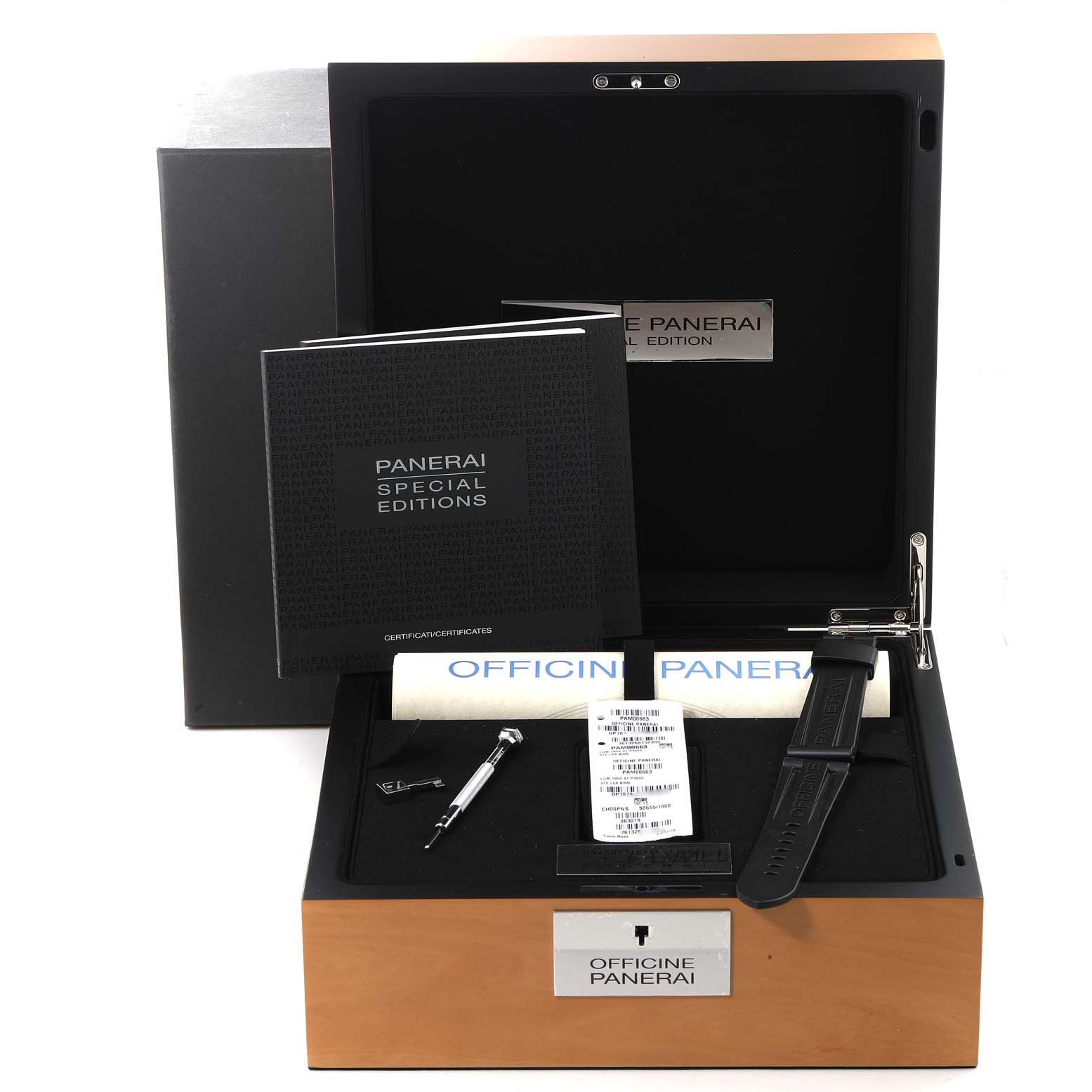 The image shows an open Panerai Luminor PAM00663 Men
s Stainless Steel Brown Dial PAM00663 Men
s Stainless Steel Brown Dial watch box, including manuals, a strap, and a tool.