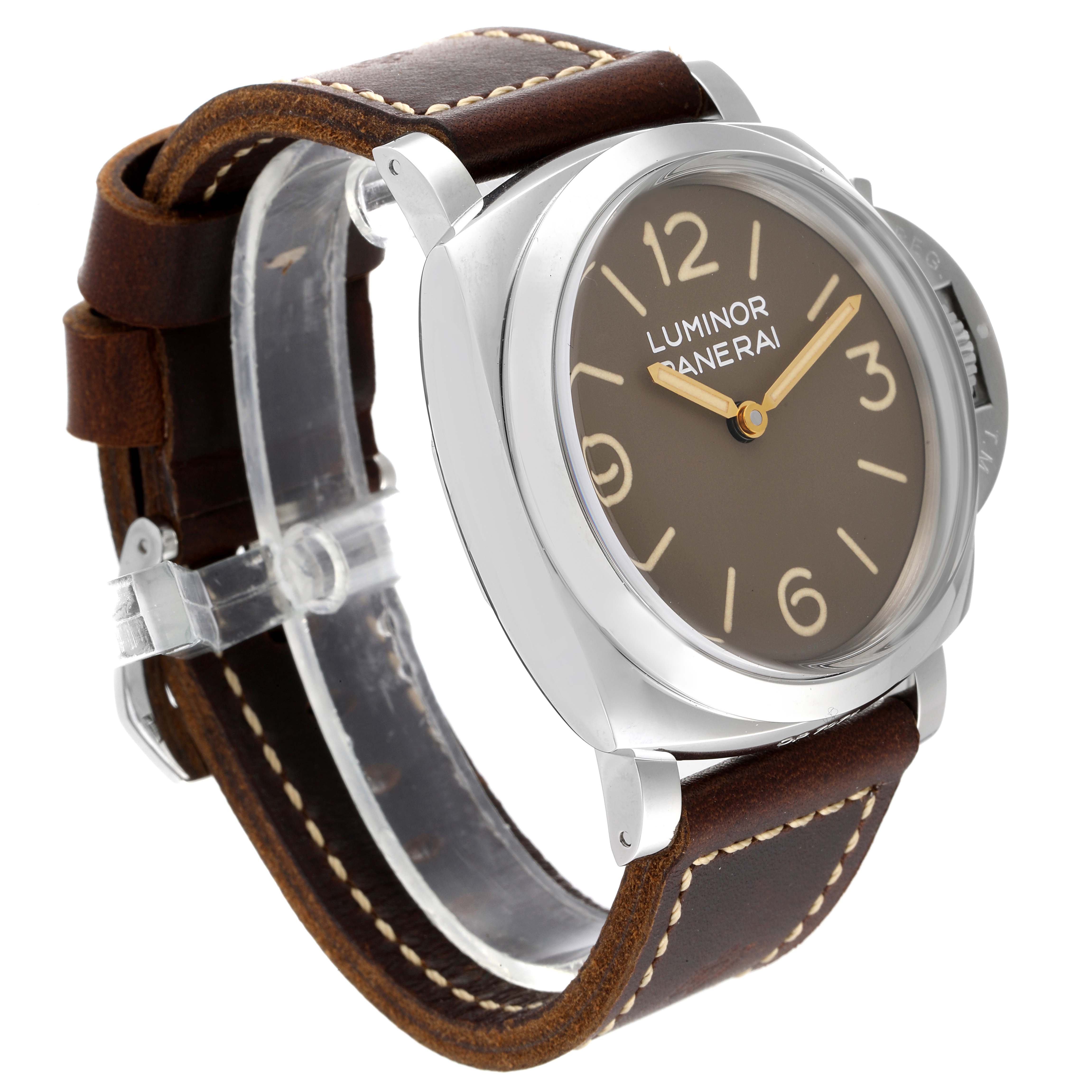 This image shows a Panerai Luminor PAM00663 Men
s Stainless Steel Brown Dial PAM00663 Men
s Stainless Steel Brown Dial watch at a three-quarter angle, highlighting its case, dial, and leather strap.