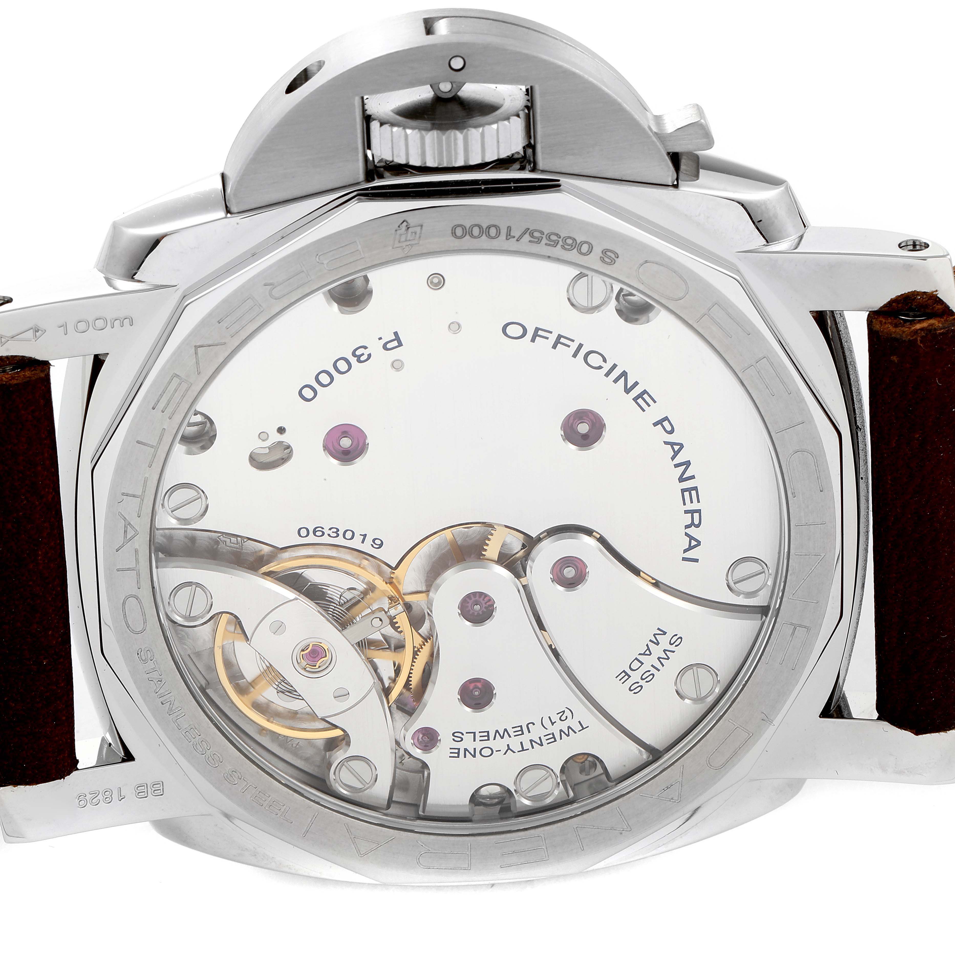The image shows the back view of the Panerai Luminor PAM00663 Men
s Stainless Steel Brown Dial PAM00663 Men
s Stainless Steel Brown Dial watch, revealing its movement mechanism and details.