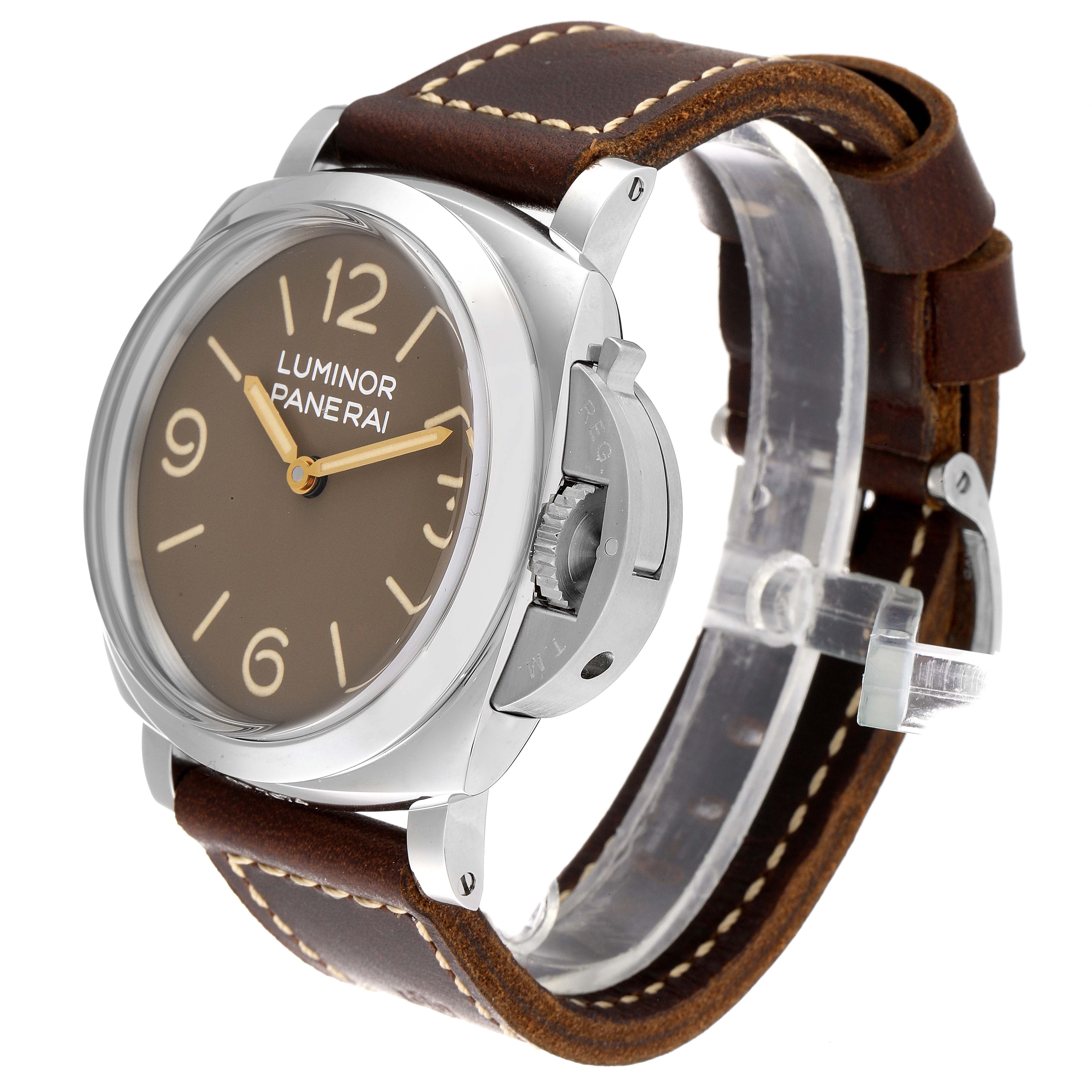 This image shows a three-quarter angled view of a Panerai Luminor PAM00663 Men
s Stainless Steel Brown Dial PAM00663 Men
s Stainless Steel Brown Dial watch, highlighting the face, crown guard, and leather strap.