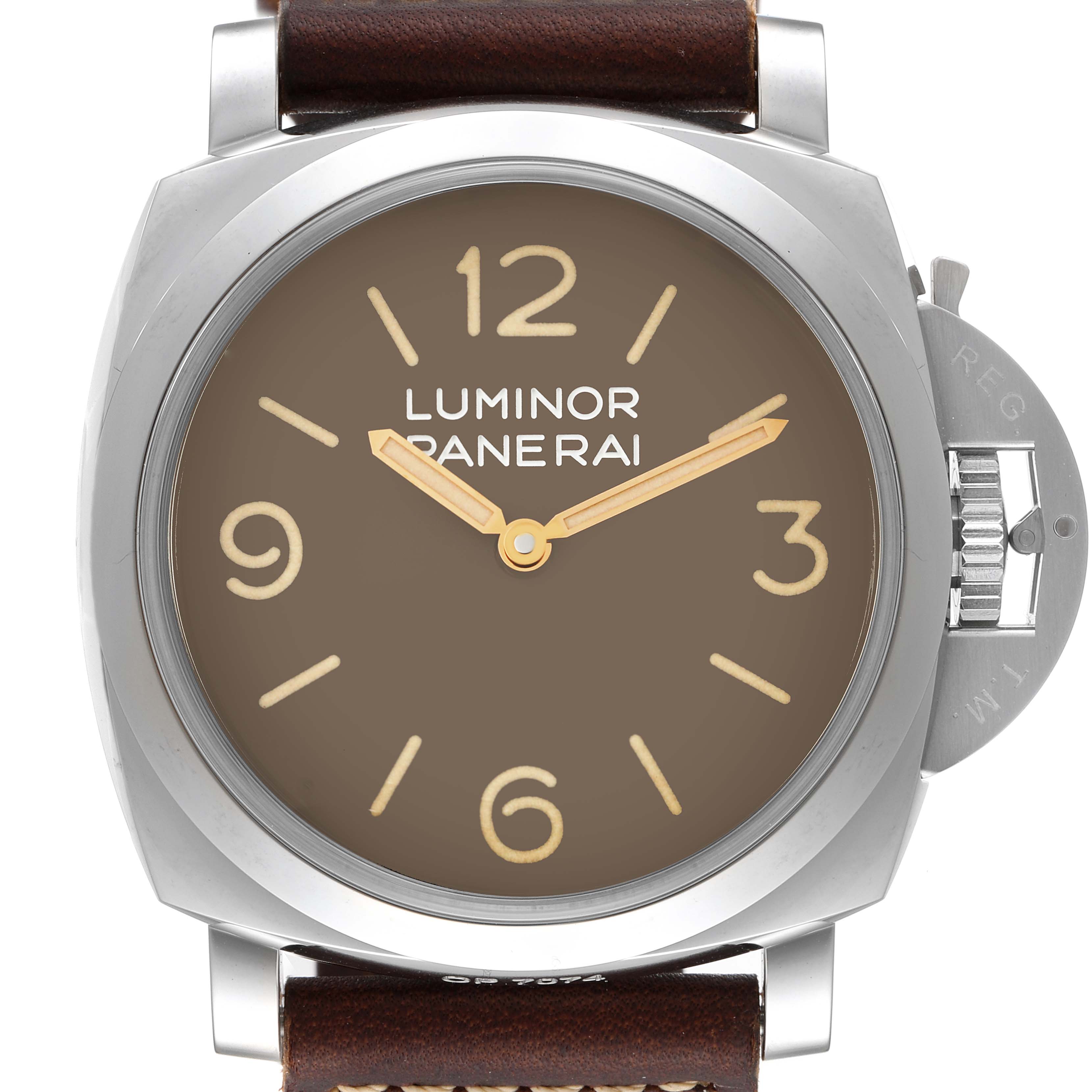 This image shows a front view of a Panerai Luminor PAM00663 Men
s Stainless Steel Brown Dial PAM00663 Men
s Stainless Steel Brown Dial watch with a brown dial and leather strap.