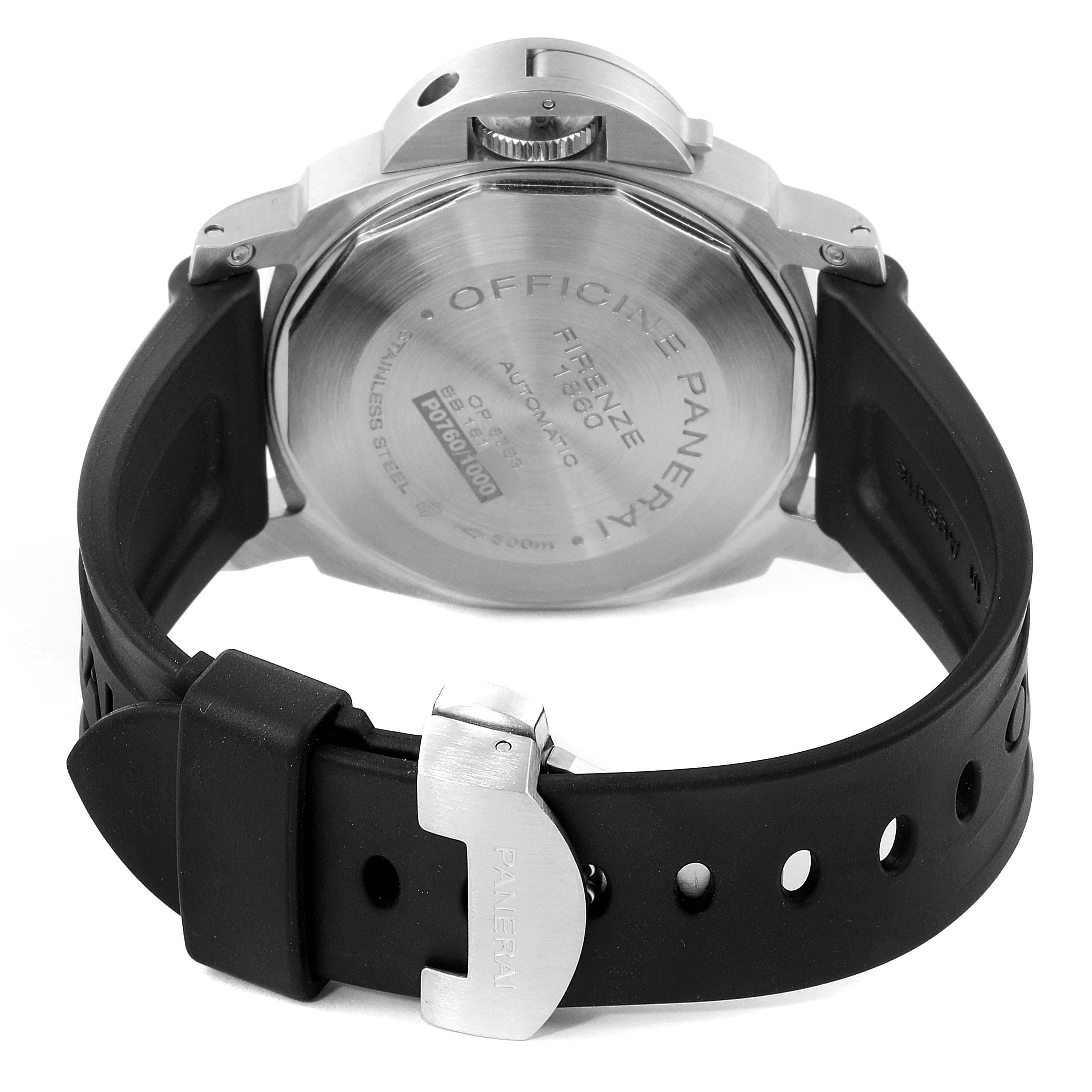 This image shows the rear view of a Luminor model by Panerai, featuring the watch
s case back and rubber strap with a buckle.