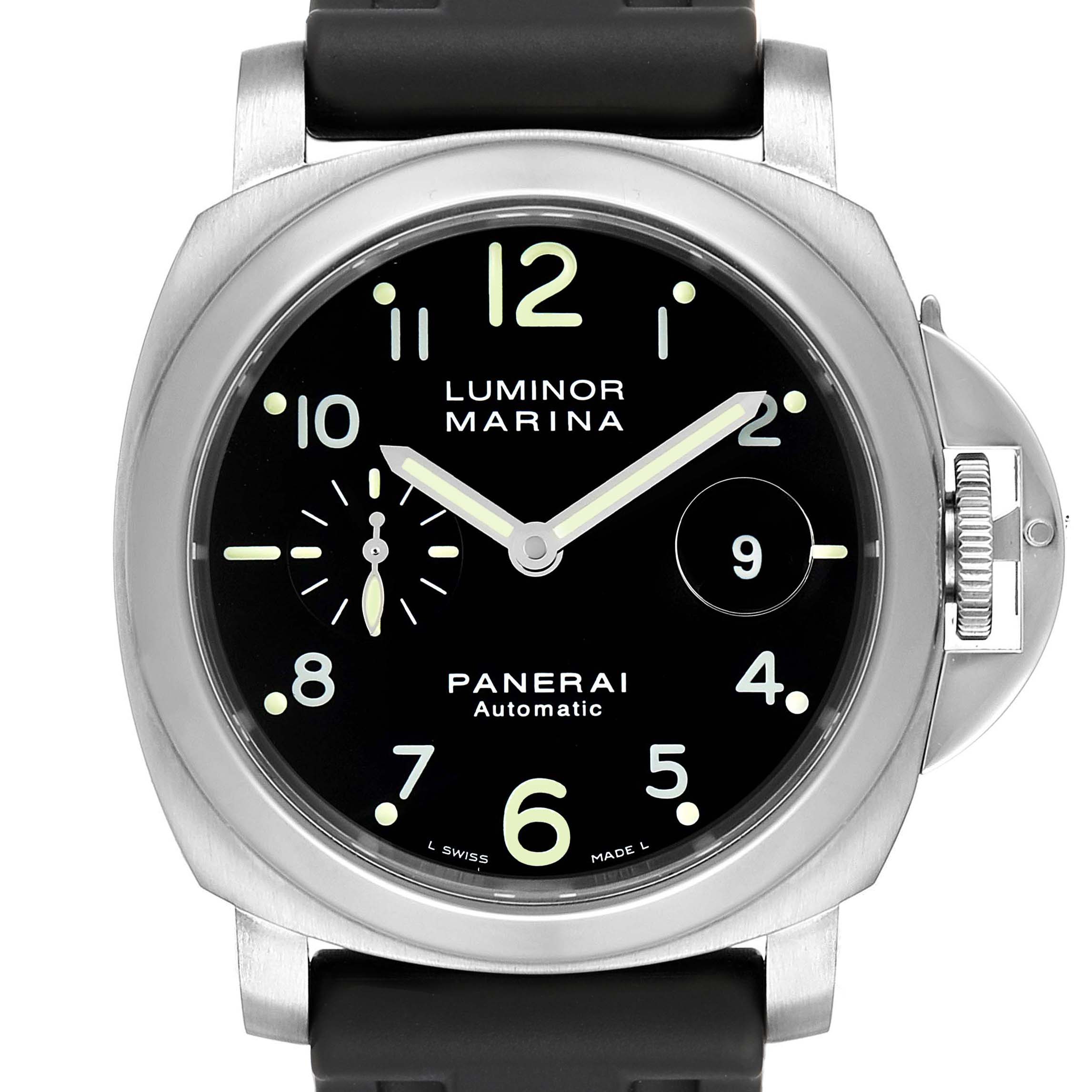 This image shows the front view of a Panerai Luminor PAM00164 Men
s Stainless Steel Black Dial PAM00164 Men
s Stainless Steel Black Dial Marina watch, featuring its face, crown guard, and strap.