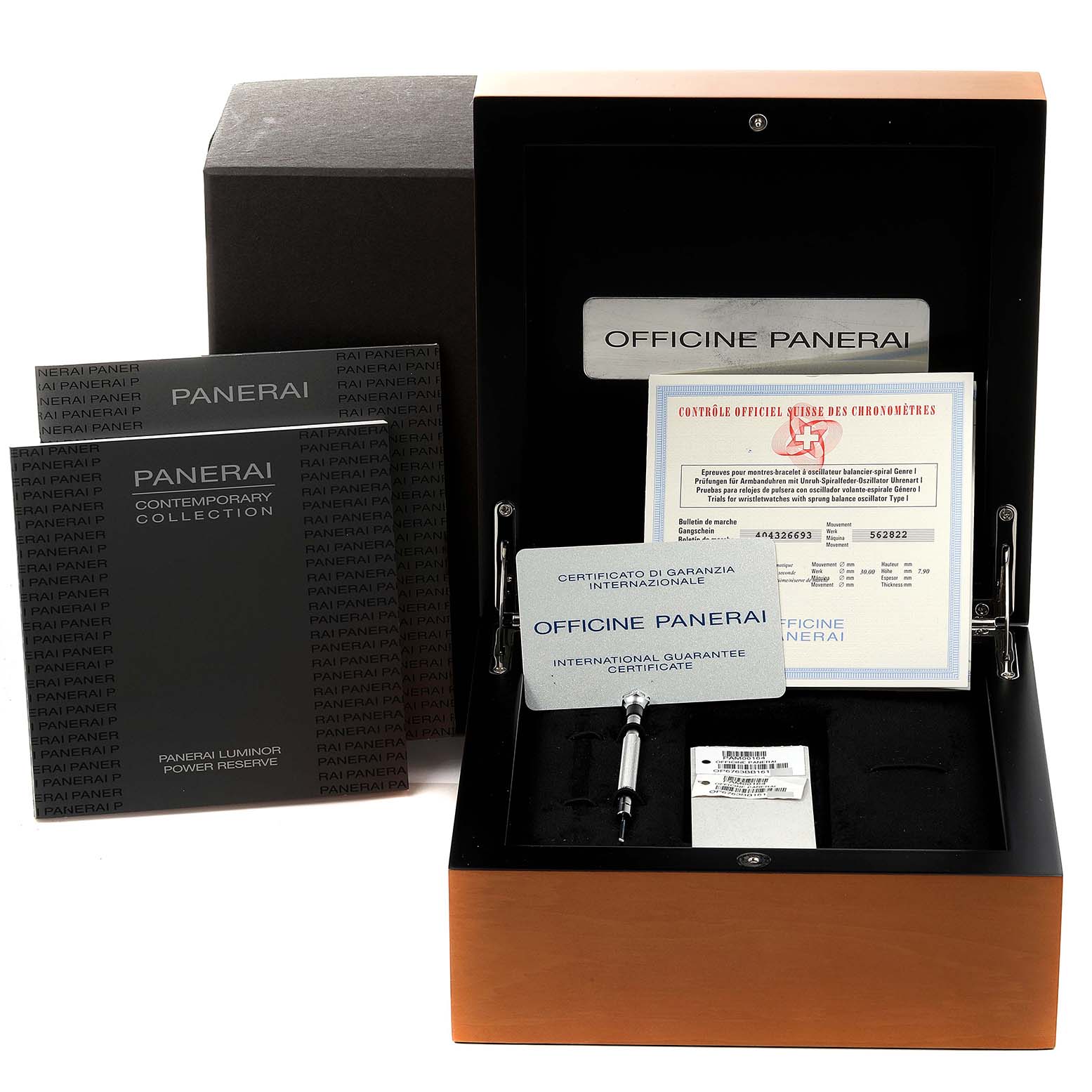 The image shows the box and accessories for a Panerai Luminor PAM00164 Men
s Stainless Steel Black Dial PAM00164 Men
s Stainless Steel Black Dial model watch, including the guarantee card and manuals.
