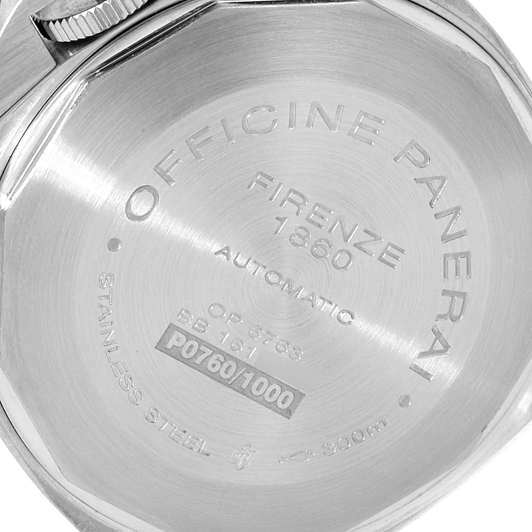 This image shows the back case of a Panerai Luminor PAM00164 Men
s Stainless Steel Black Dial PAM00164 Men
s Stainless Steel Black Dial watch, viewed at an angled close-up.