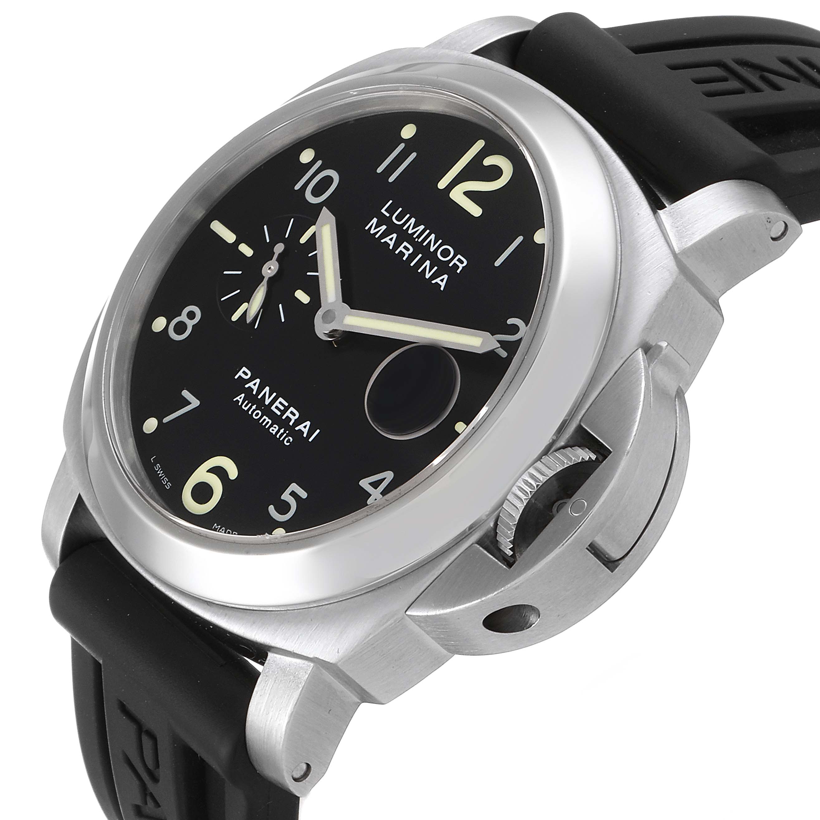 This image shows a Panerai Luminor PAM00164 Men
s Stainless Steel Black Dial PAM00164 Men
s Stainless Steel Black Dial watch at a slight angle, highlighting the dial, crown guard, and part of the strap.