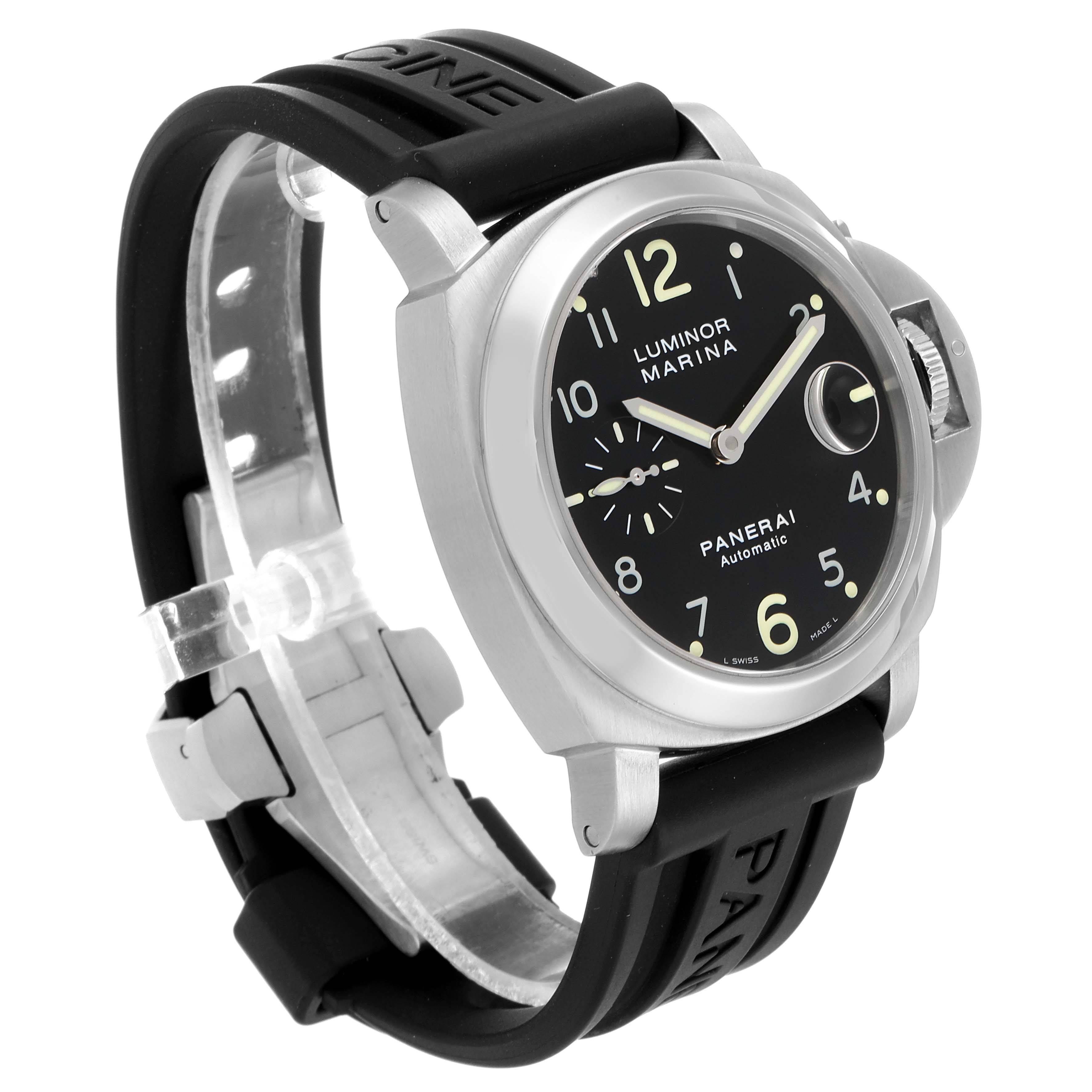 The image shows a side-angle view of a Panerai Luminor PAM00164 Men
s Stainless Steel Black Dial PAM00164 Men
s Stainless Steel Black Dial Marina watch with a black dial and rubber strap.
