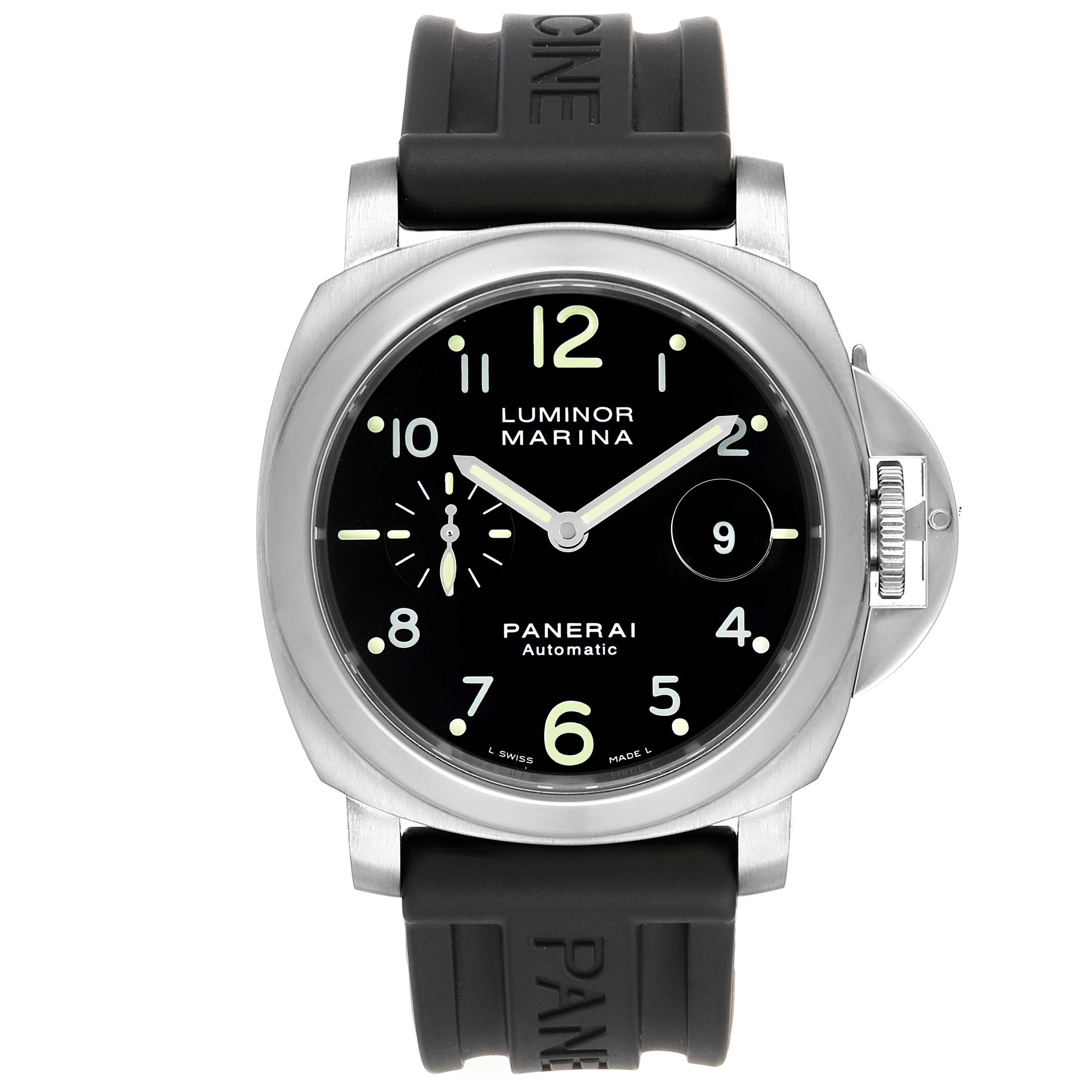 This Panerai Luminor PAM00164 Men
s Stainless Steel Black Dial PAM00164 Men
s Stainless Steel Black Dial watch is shown from a front angle, displaying its black dial, rubber strap, and crown guard.