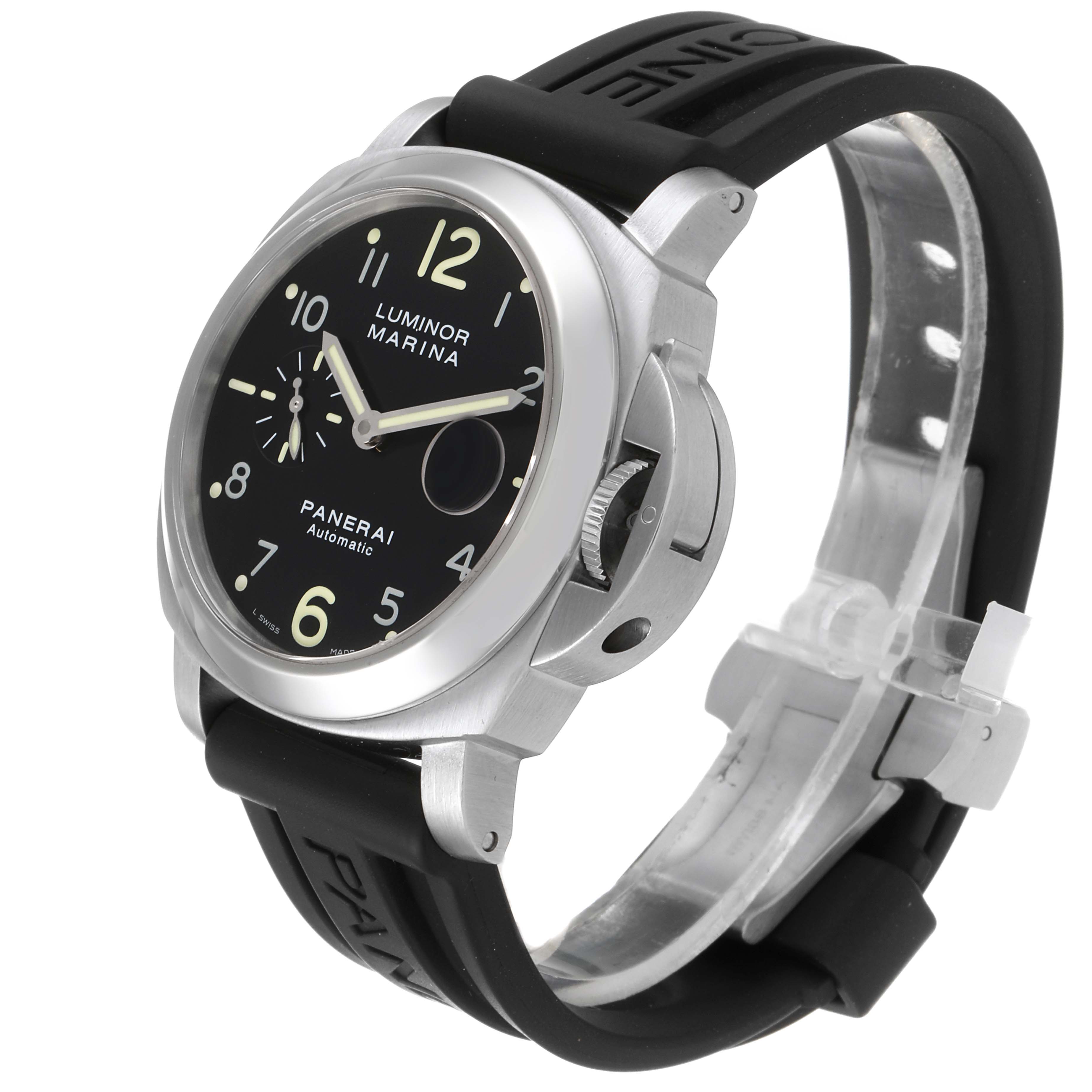 The image shows a side-angle view of a Panerai Luminor PAM00164 Men
s Stainless Steel Black Dial PAM00164 Men
s Stainless Steel Black Dial Marina watch, displaying its dial, case, crown guard, and black rubber strap.