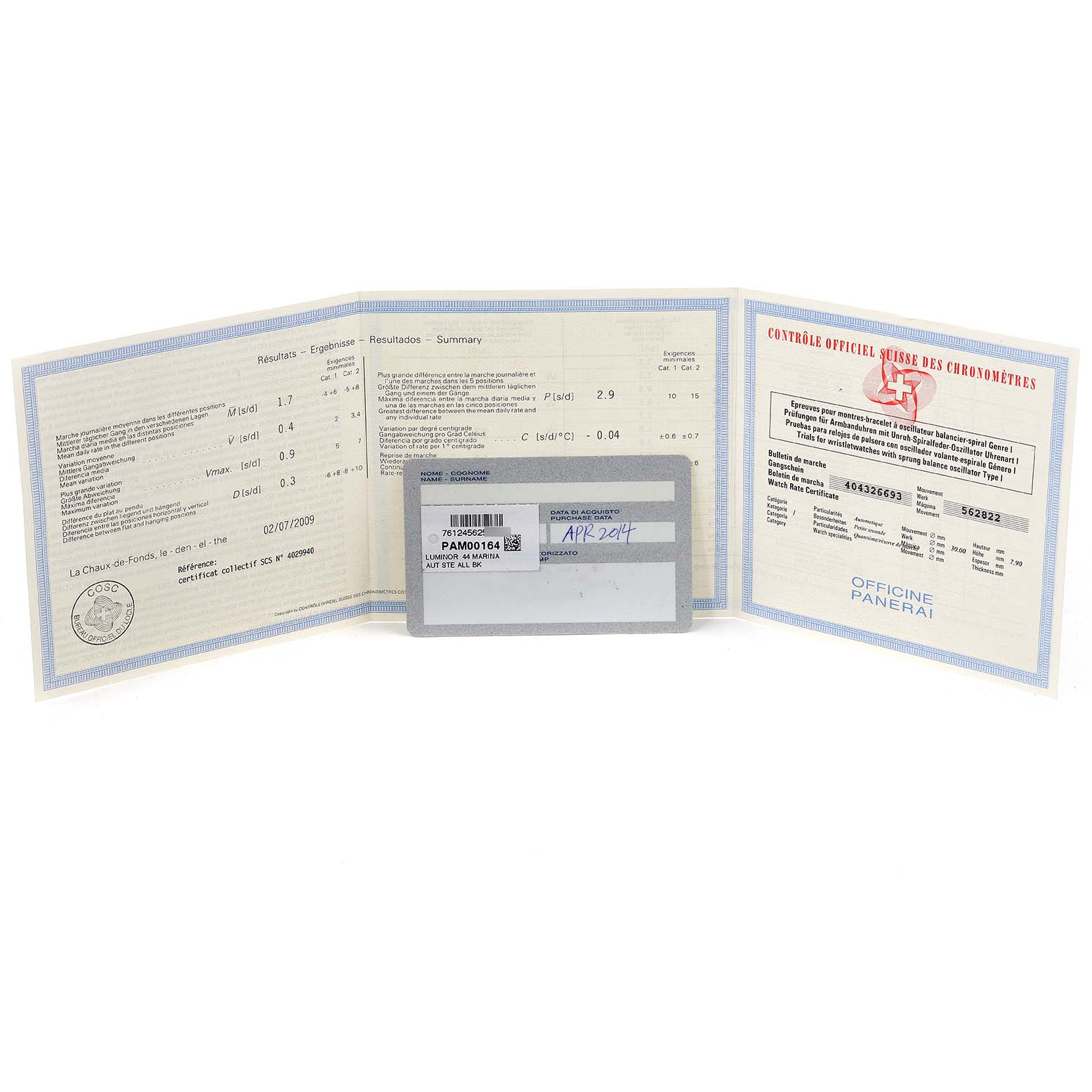 The image shows a warranty card and accompanying documentation for a Panerai Luminor PAM00164 Men
s Stainless Steel Black Dial PAM00164 Men
s Stainless Steel Black Dial model watch.