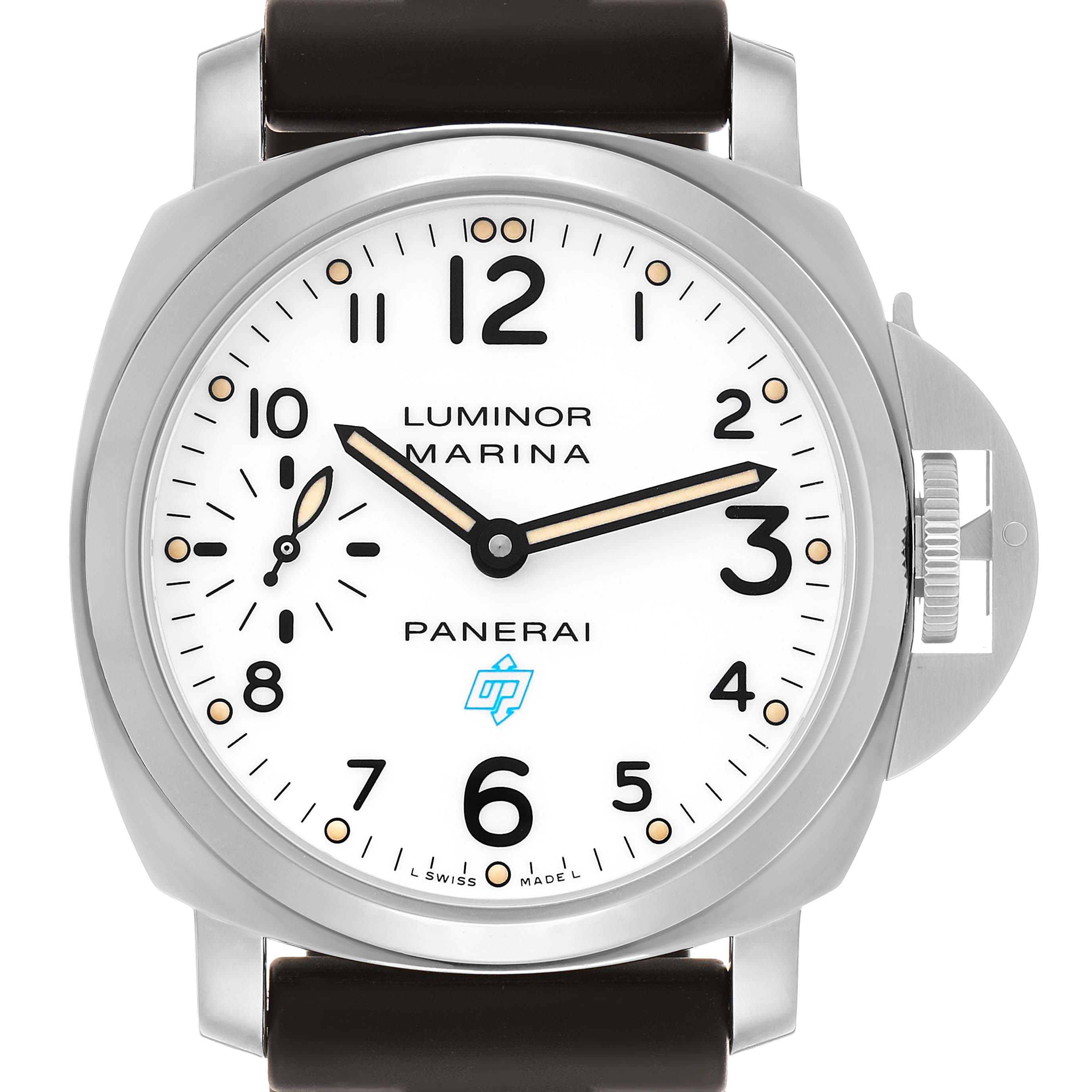 This image shows a front view of a Panerai Luminor PAM00660 Men's Stainless Steel White Dial watch, displaying the dial, case, and crown protection.