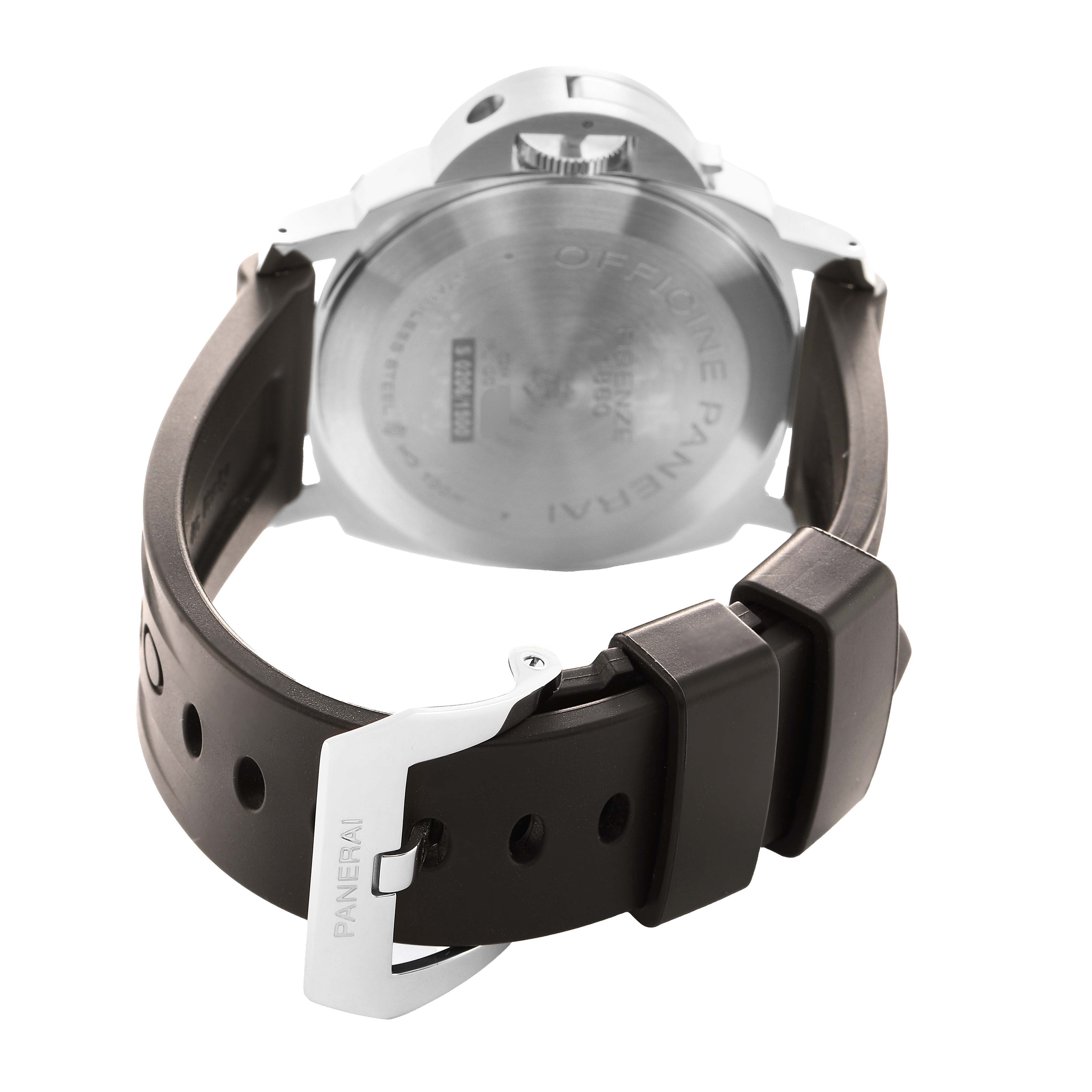 The Luminor model by Panerai is shown from the back, highlighting the case back, strap, and buckles.