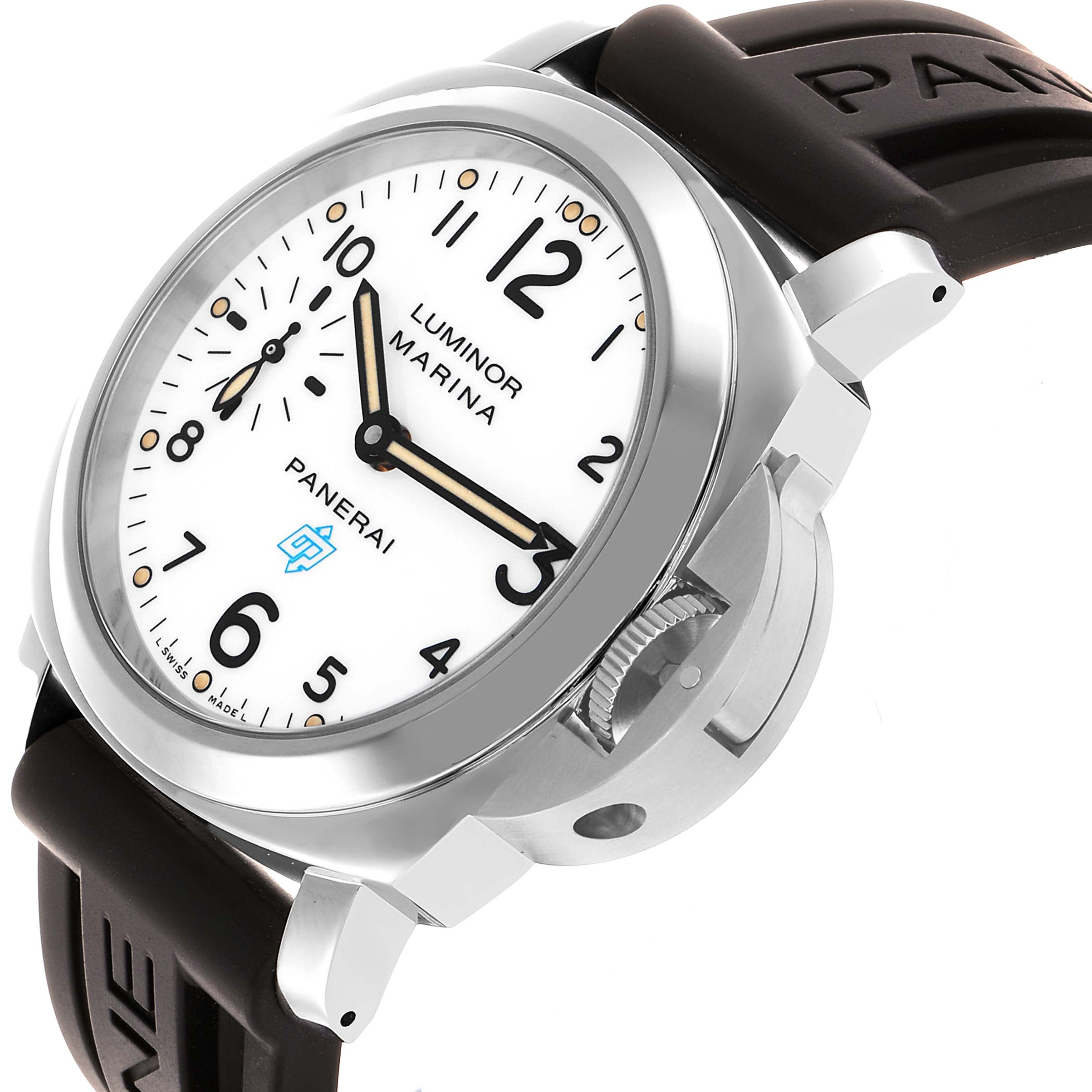The Panerai Luminor PAM00660 Men's Stainless Steel White Dial Marina watch is shown at an angled view, highlighting the white dial, crown guard, and brown strap.