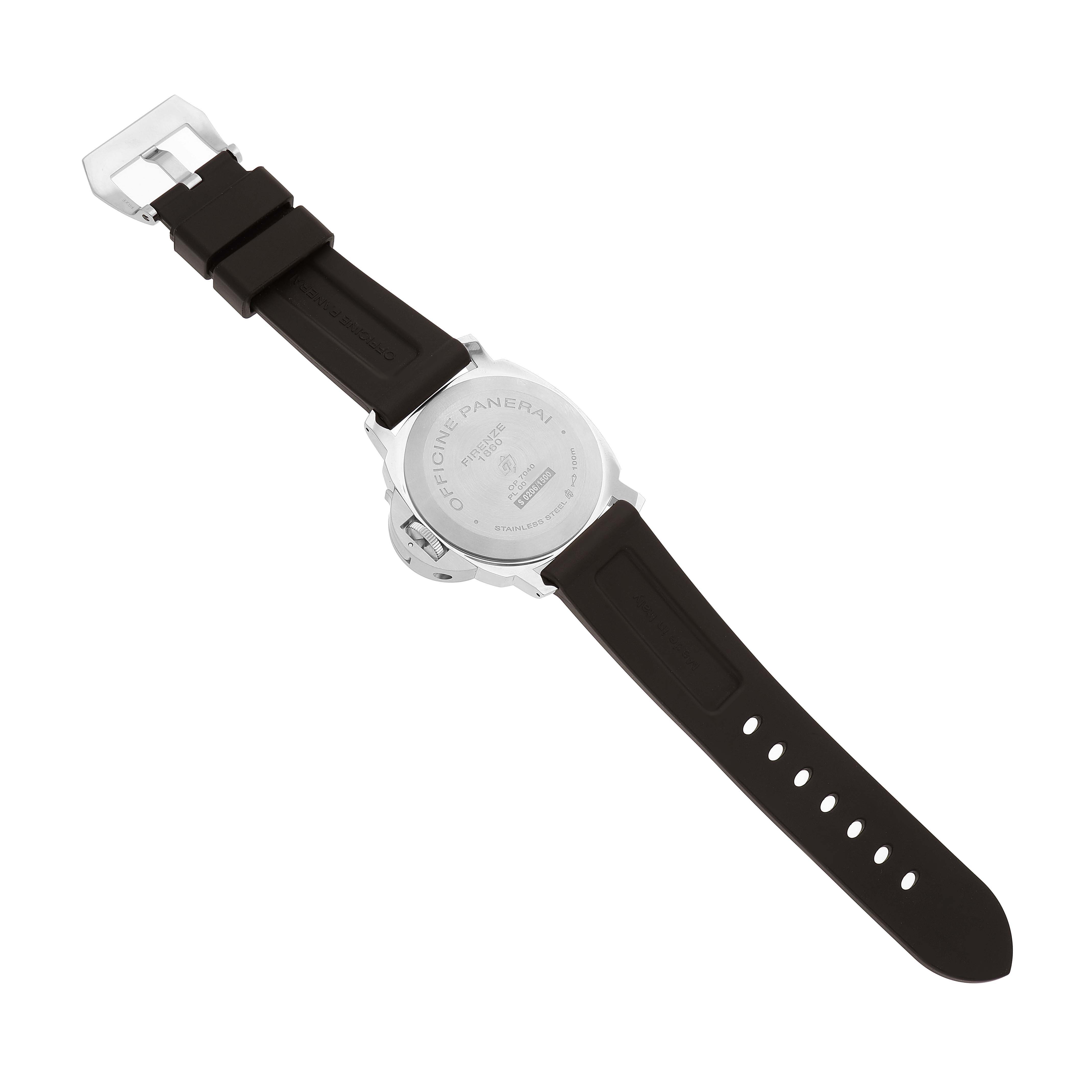 The image shows the back of a Panerai Luminor PAM00660 Men's Stainless Steel White Dial watch, highlighting the case back and black strap.