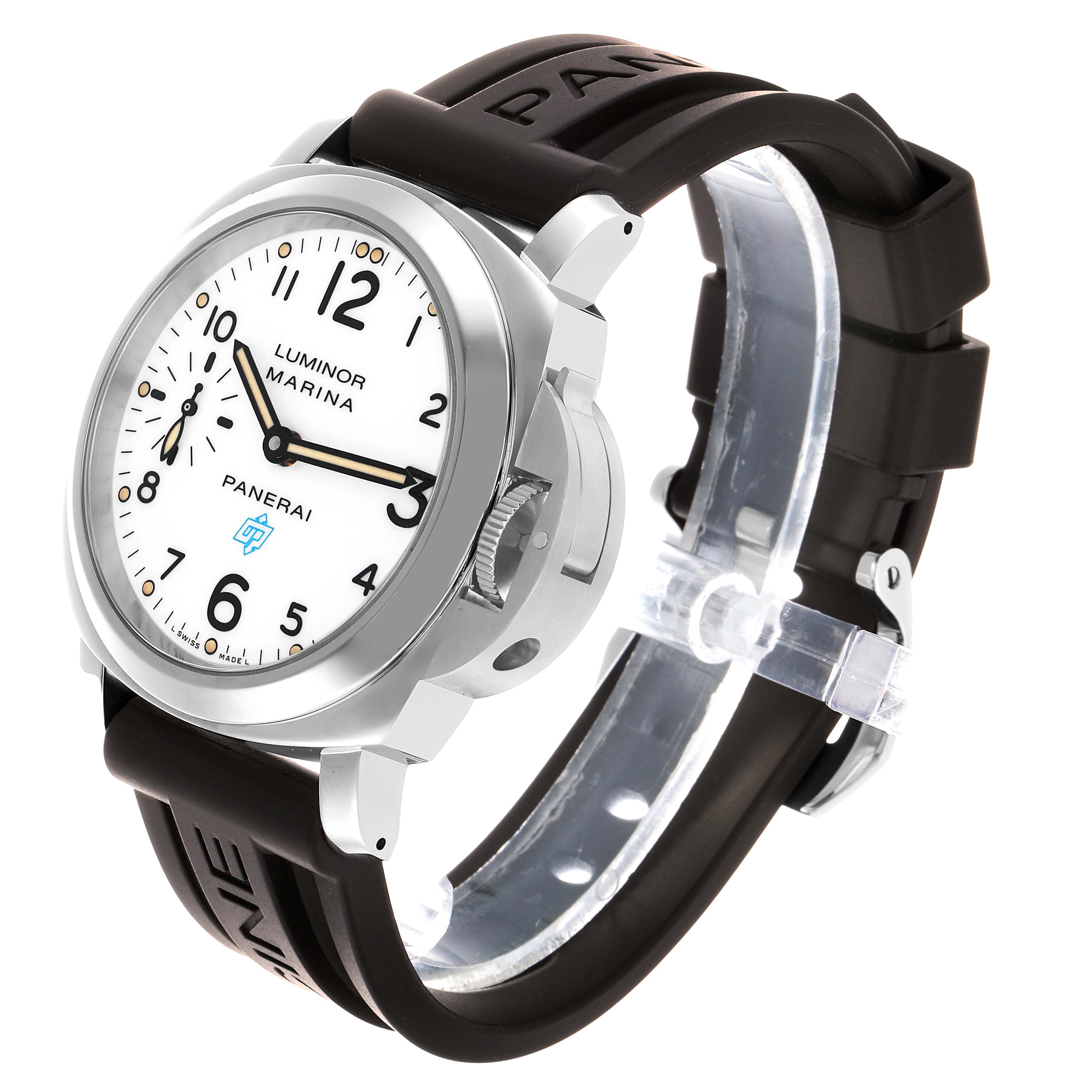 The Luminor model by Panerai is shown at an angle highlighting the watch face, case, and strap, with a focus on the crown guard.