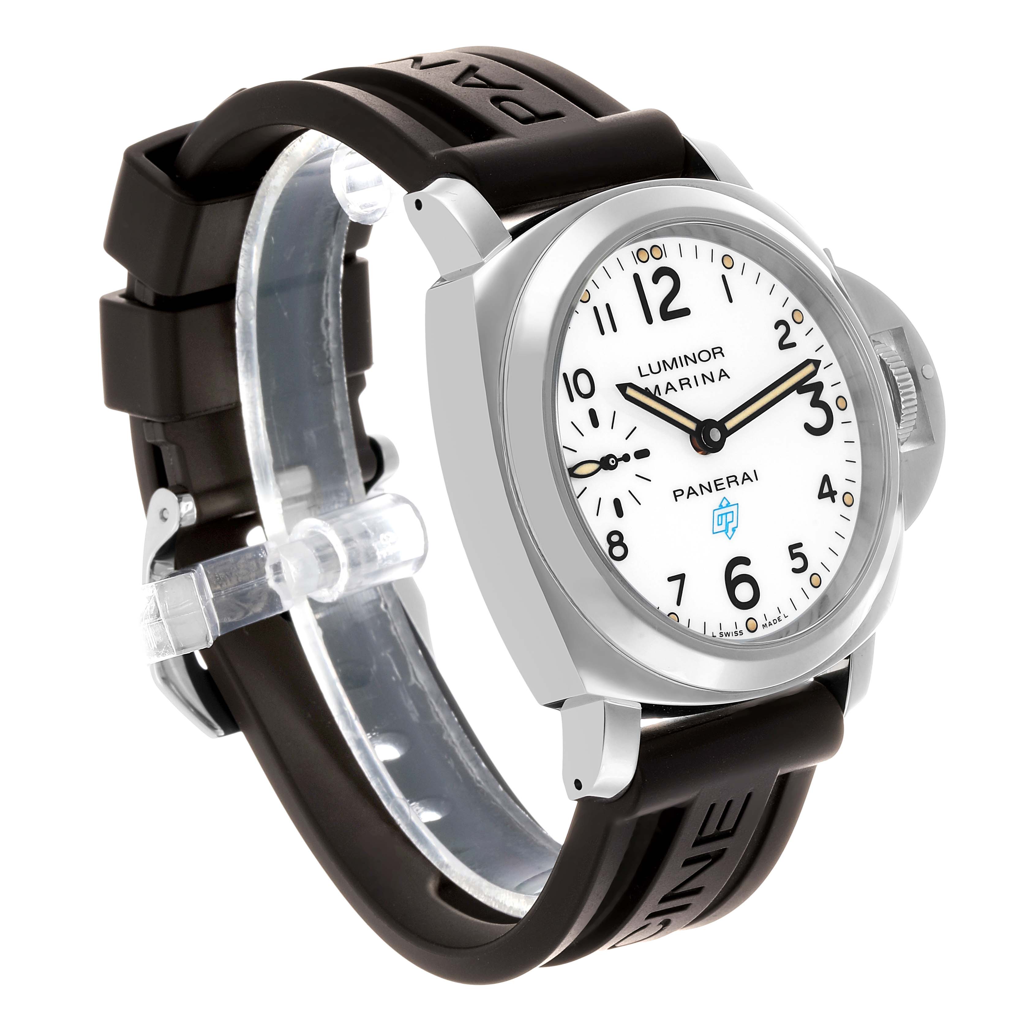 The image shows a Panerai Luminor PAM00660 Men's Stainless Steel White Dial watch at a three-quarter angle, highlighting the case, crown guard, and strap.