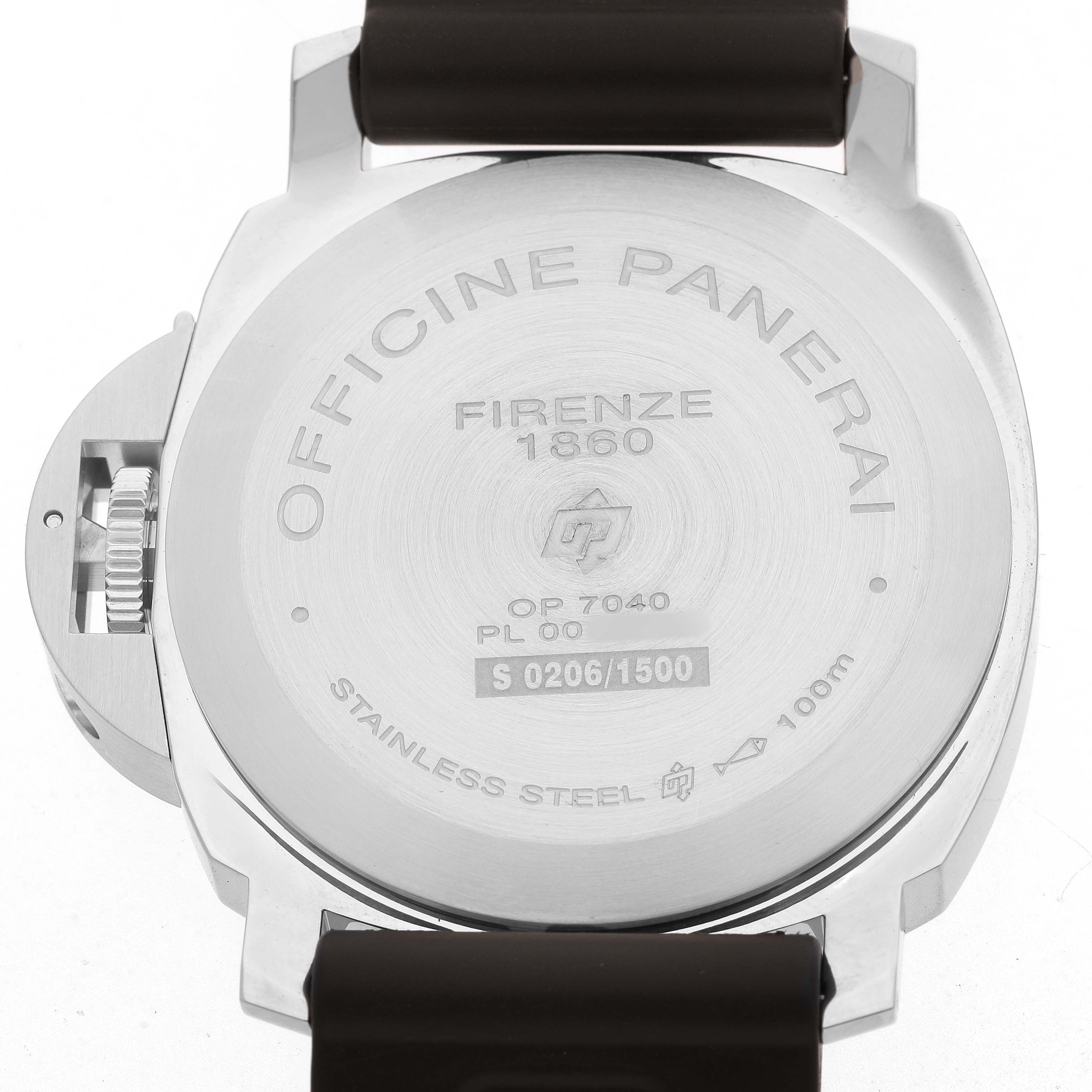 The image shows the back case of a Panerai Luminor PAM00660 Men's Stainless Steel White Dial watch, detailing its engravings and stainless steel material.