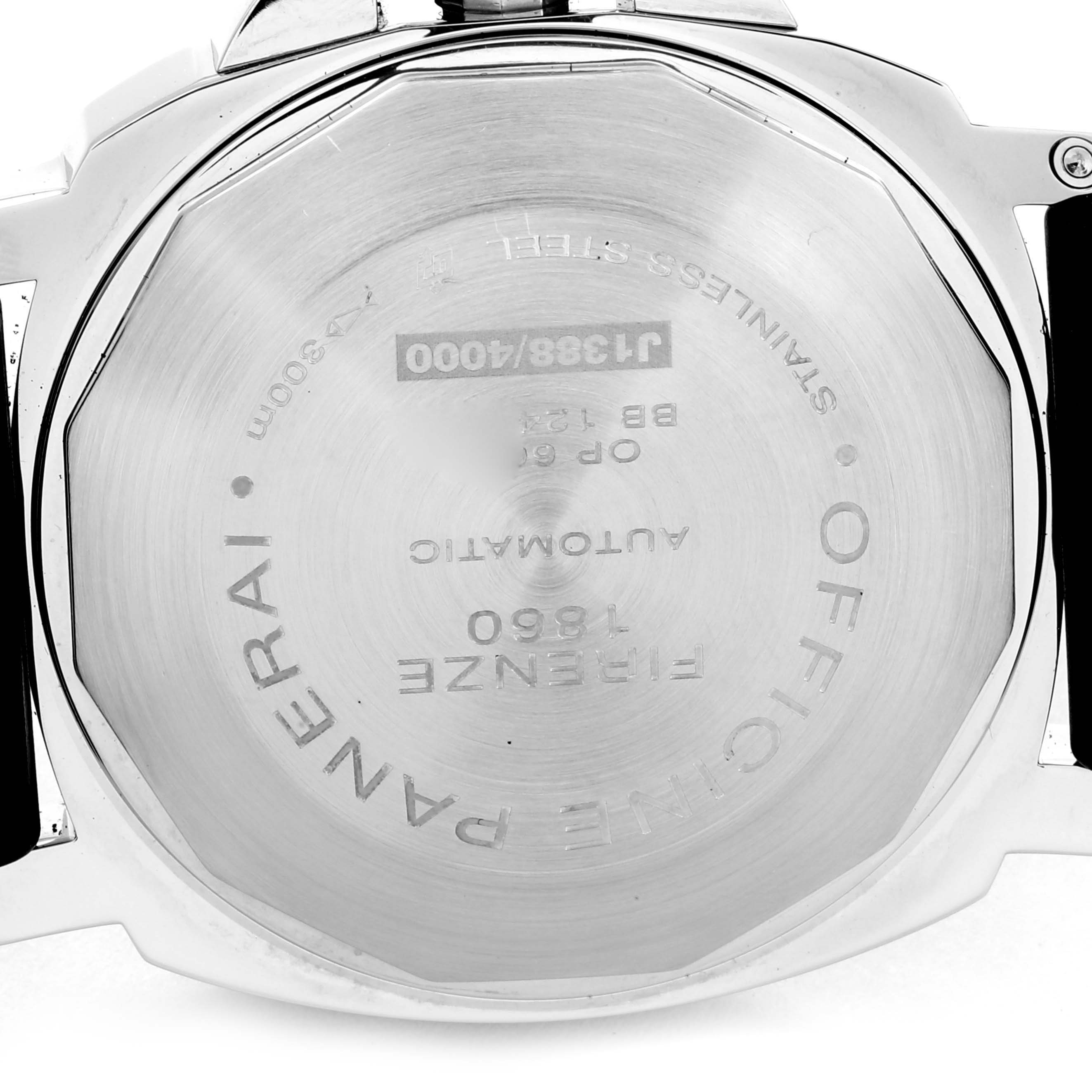 The image shows the back case of a Panerai Luminor PAM00104 Men
s Stainless Steel Black Dial PAM00104 Men
s Stainless Steel Black Dial watch, highlighting the engravings and case details.