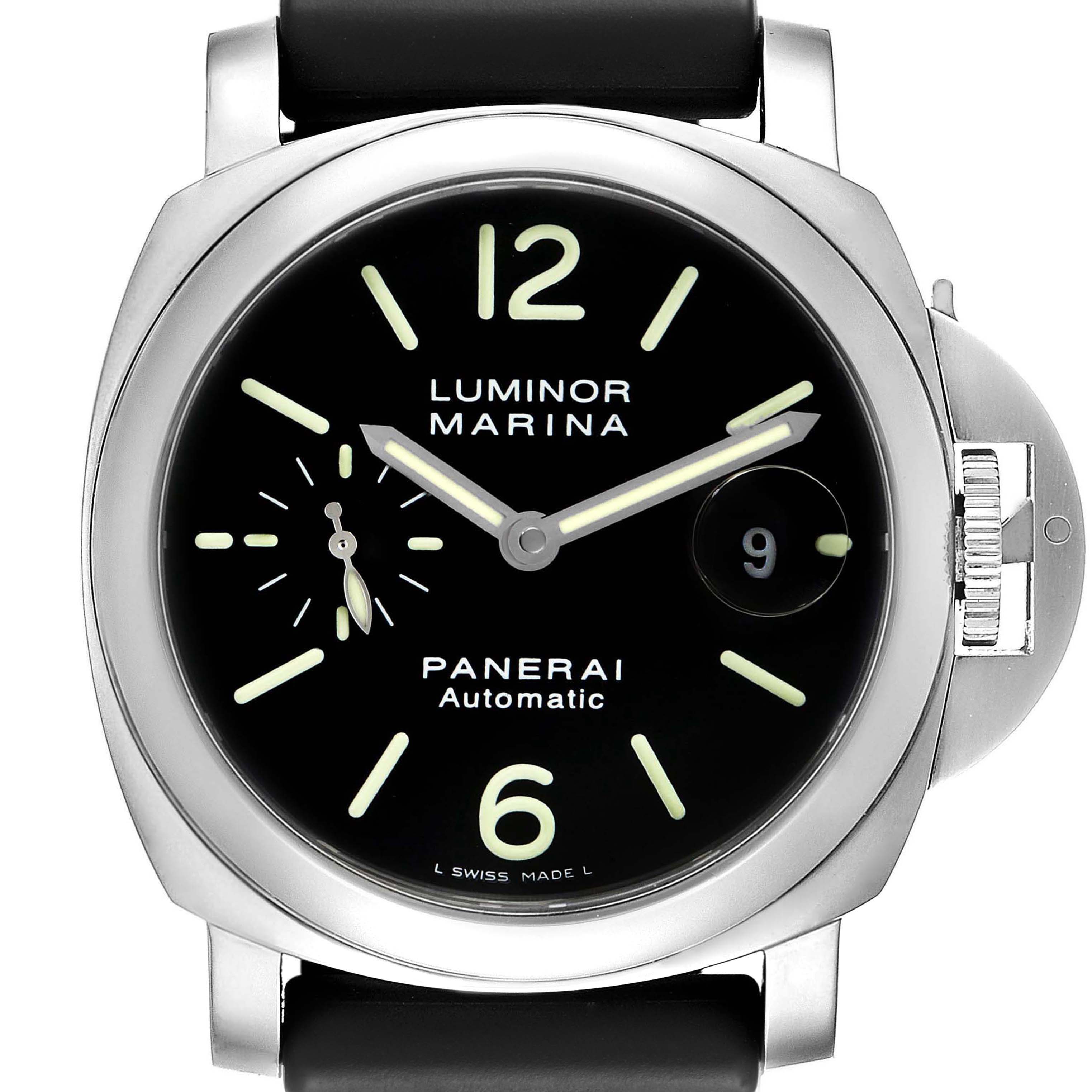 The image shows a frontal view of a Panerai Luminor PAM00104 Men
s Stainless Steel Black Dial PAM00104 Men
s Stainless Steel Black Dial Marina watch, highlighting its dial, case, and crown protector.