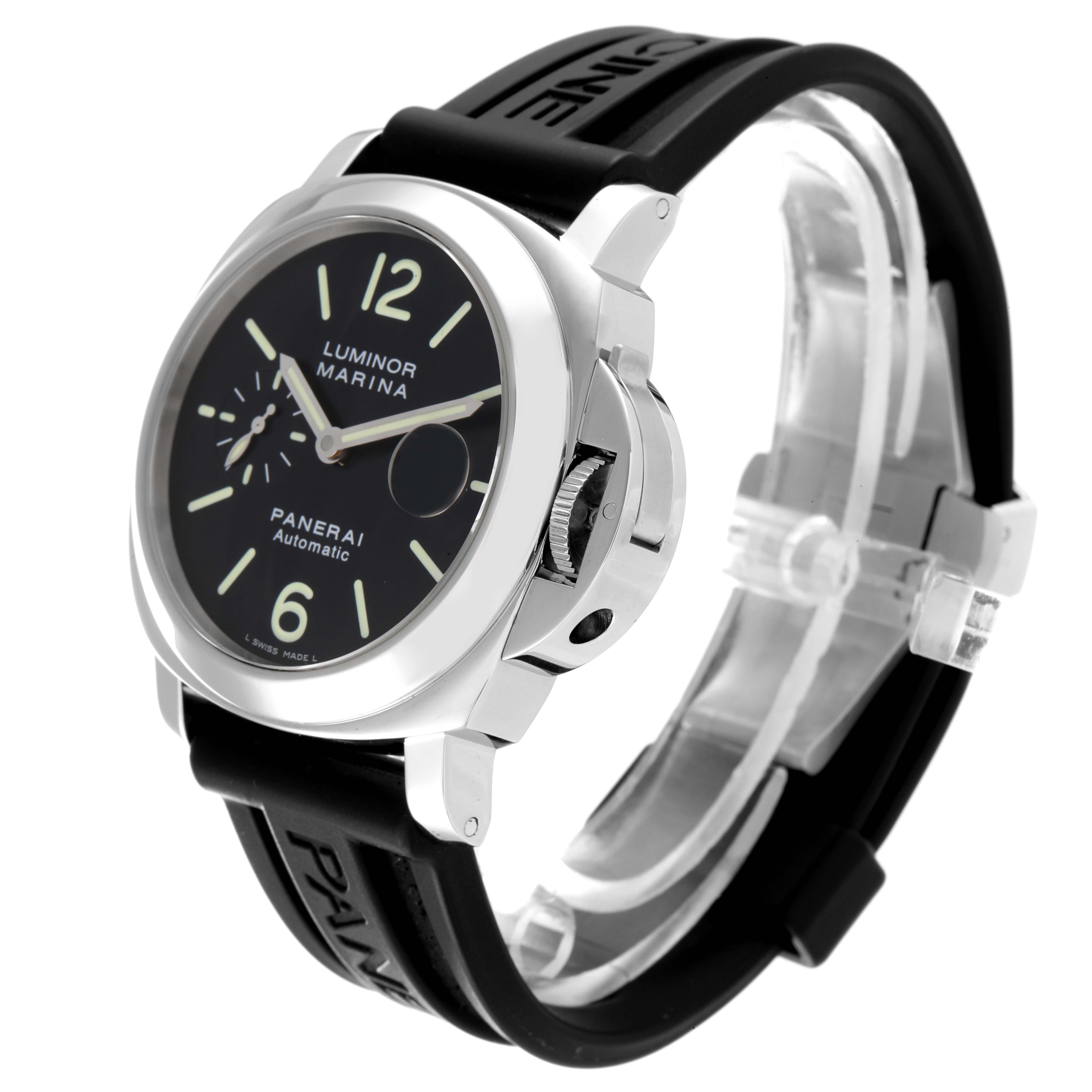 The image shows a Panerai Luminor PAM00104 Men
s Stainless Steel Black Dial PAM00104 Men
s Stainless Steel Black Dial watch angled from the front-right, highlighting the dial, crown guard, and black strap.