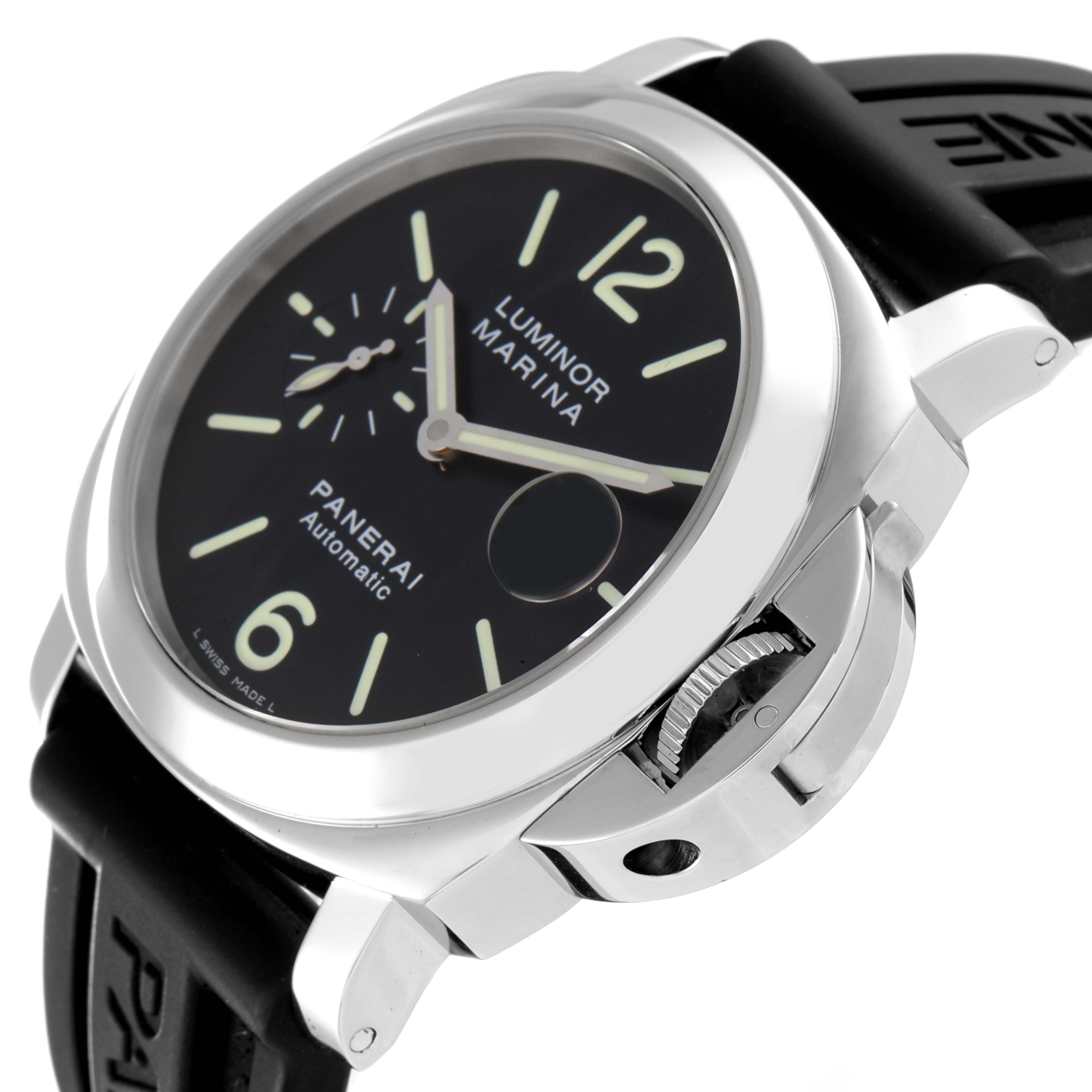 This image shows a side angle of the Panerai Luminor PAM00104 Men
s Stainless Steel Black Dial PAM00104 Men
s Stainless Steel Black Dial Marina watch, highlighting the crown guard and black dial with luminous markers.