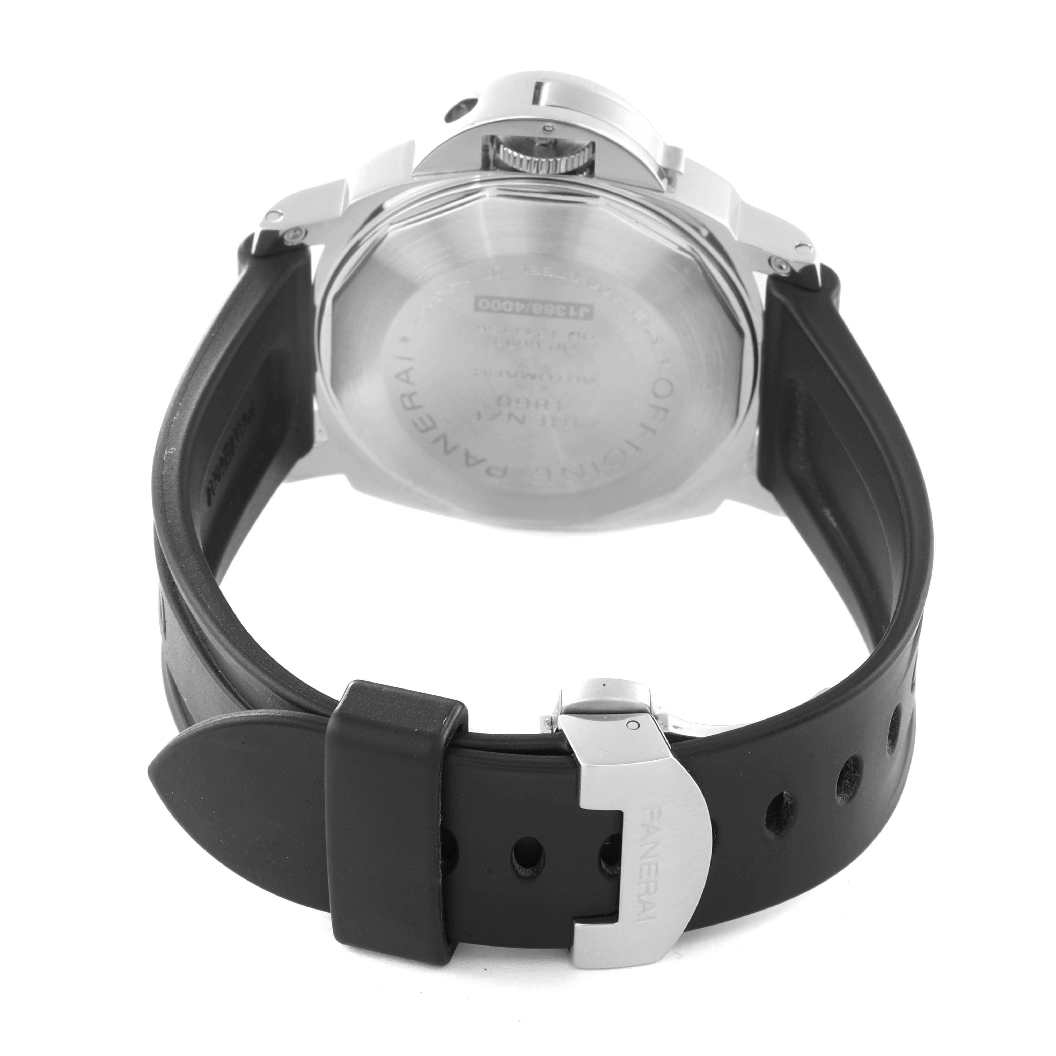 The image shows the back view of a Panerai Luminor PAM00104 Men
s Stainless Steel Black Dial PAM00104 Men
s Stainless Steel Black Dial watch, highlighting its case back and rubber strap with a clasp.