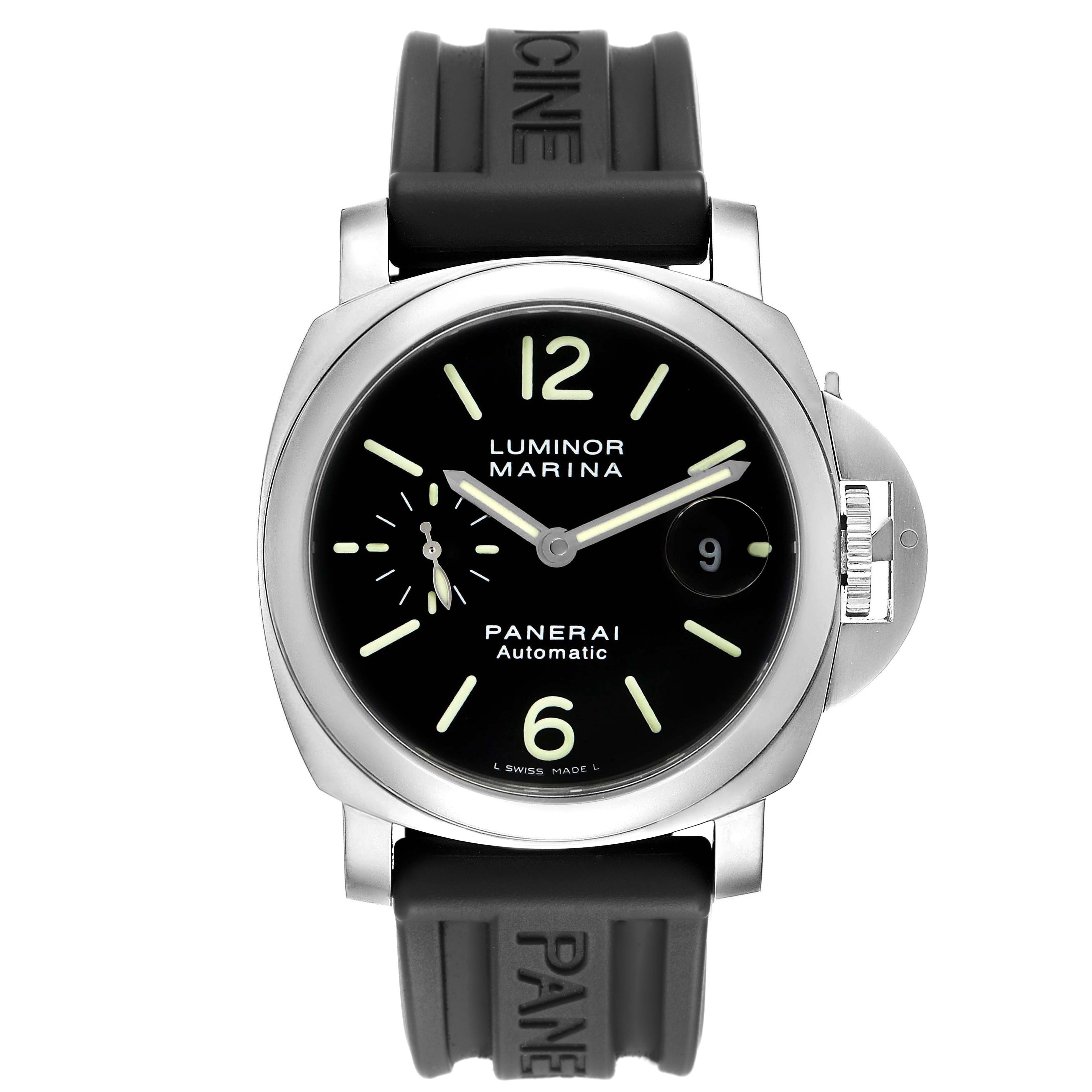 The image shows a front angle of the Panerai Luminor PAM00104 Men
s Stainless Steel Black Dial PAM00104 Men
s Stainless Steel Black Dial Marina watch, displaying the dial, crown guard, and rubber strap.
