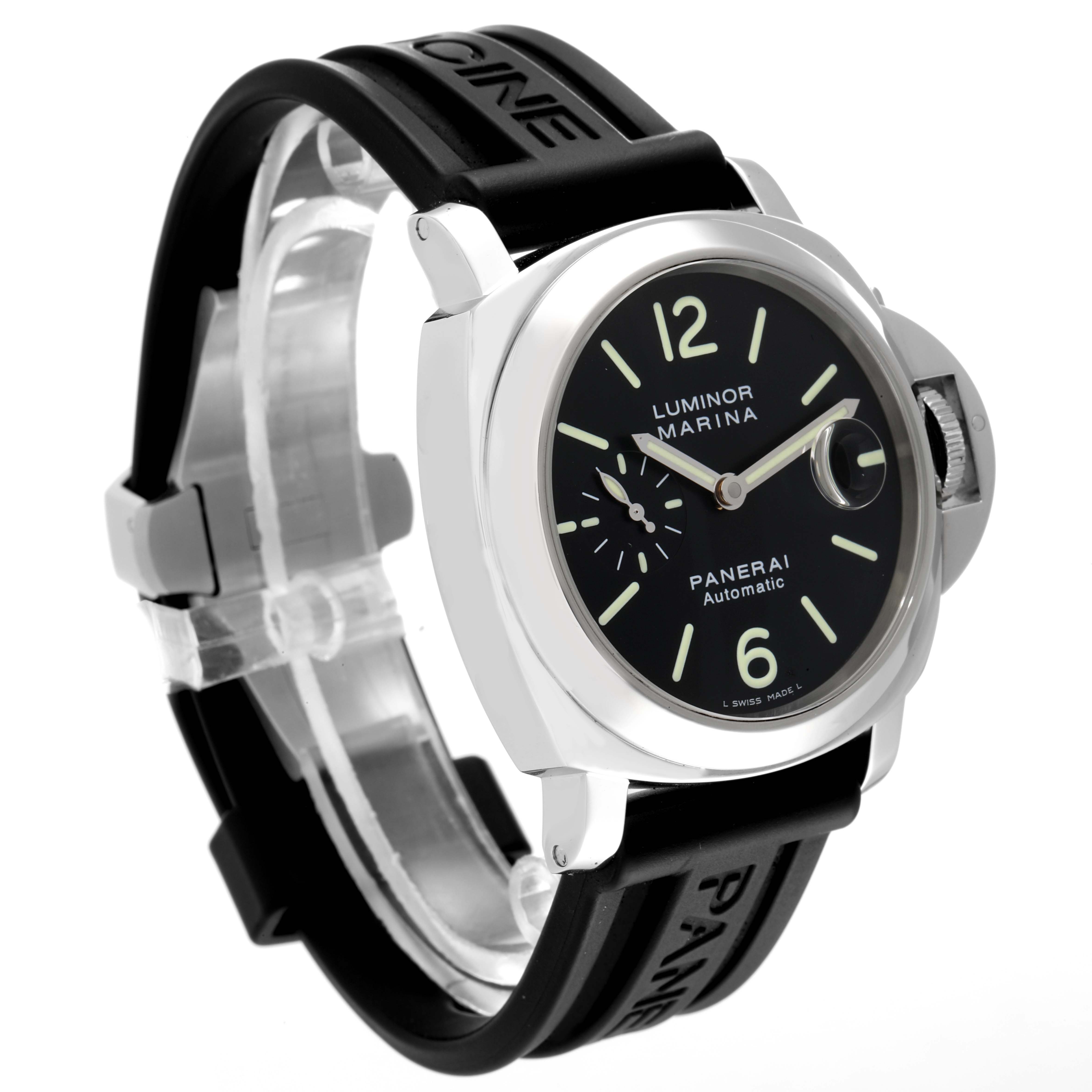The Panerai Luminor PAM00104 Men
s Stainless Steel Black Dial PAM00104 Men
s Stainless Steel Black Dial watch is shown at an angled front view, highlighting its face, bezel, crown guard, and black rubber strap.