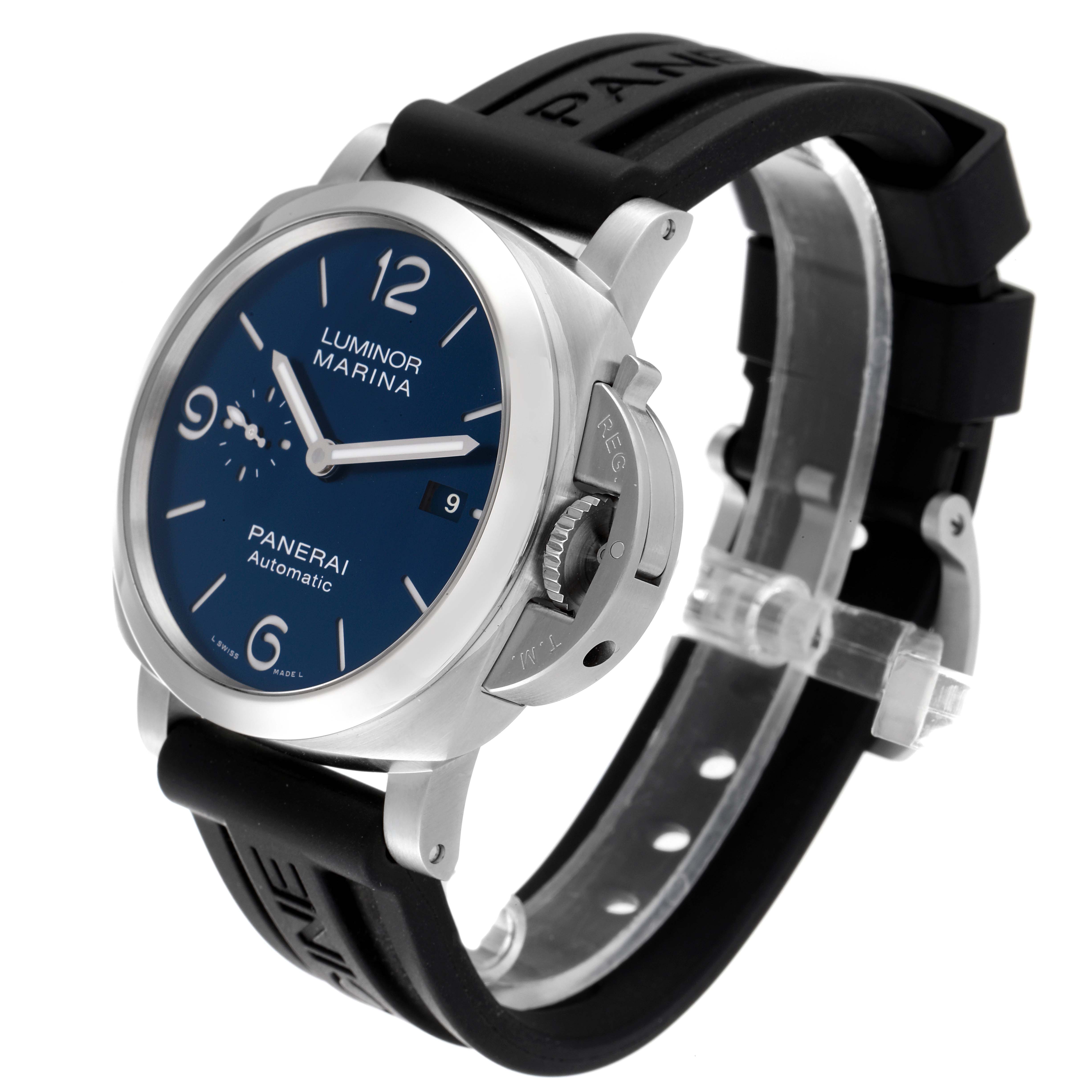 The Panerai Luminor PAM01313 Men's Stainless Steel Blue Dial PAM01313 Men's Stainless Steel Blue Dial watch is shown at a three-quarter angle, focusing on the dial, strap, and crown guard.