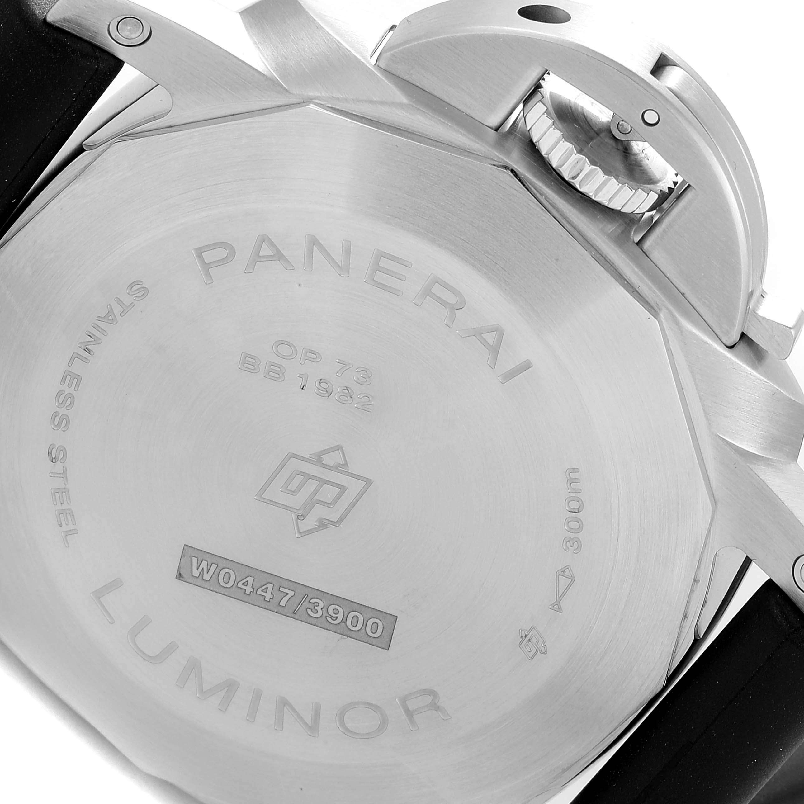 The image shows the stainless steel back case of a Panerai Luminor PAM01313 Men's Stainless Steel Blue Dial PAM01313 Men's Stainless Steel Blue Dial watch at an angle, highlighting the crown guard and engravings.