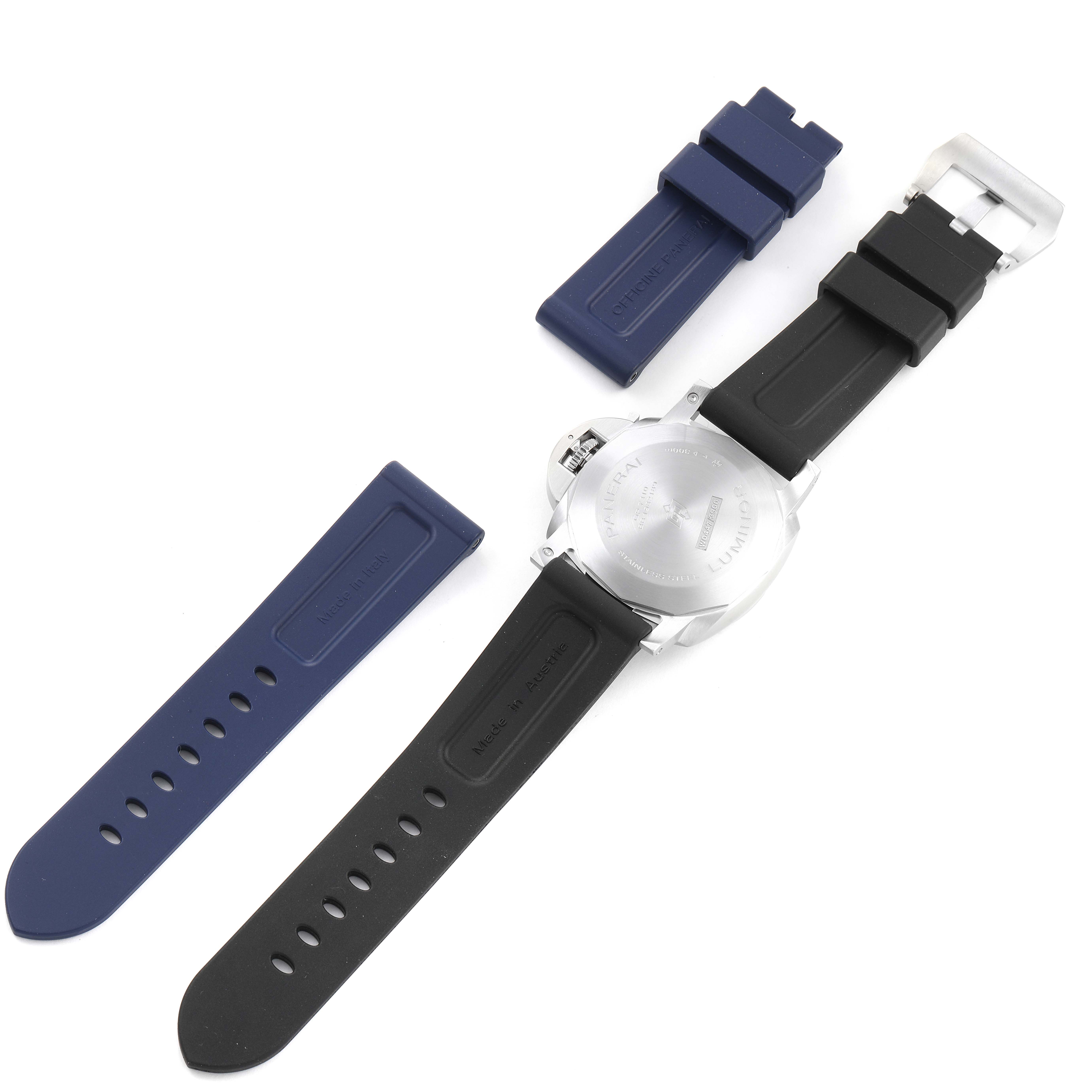 The image shows the back of a Panerai Luminor PAM01313 Men's Stainless Steel Blue Dial PAM01313 Men's Stainless Steel Blue Dial watch and two additional straps, one in blue and the other in black.