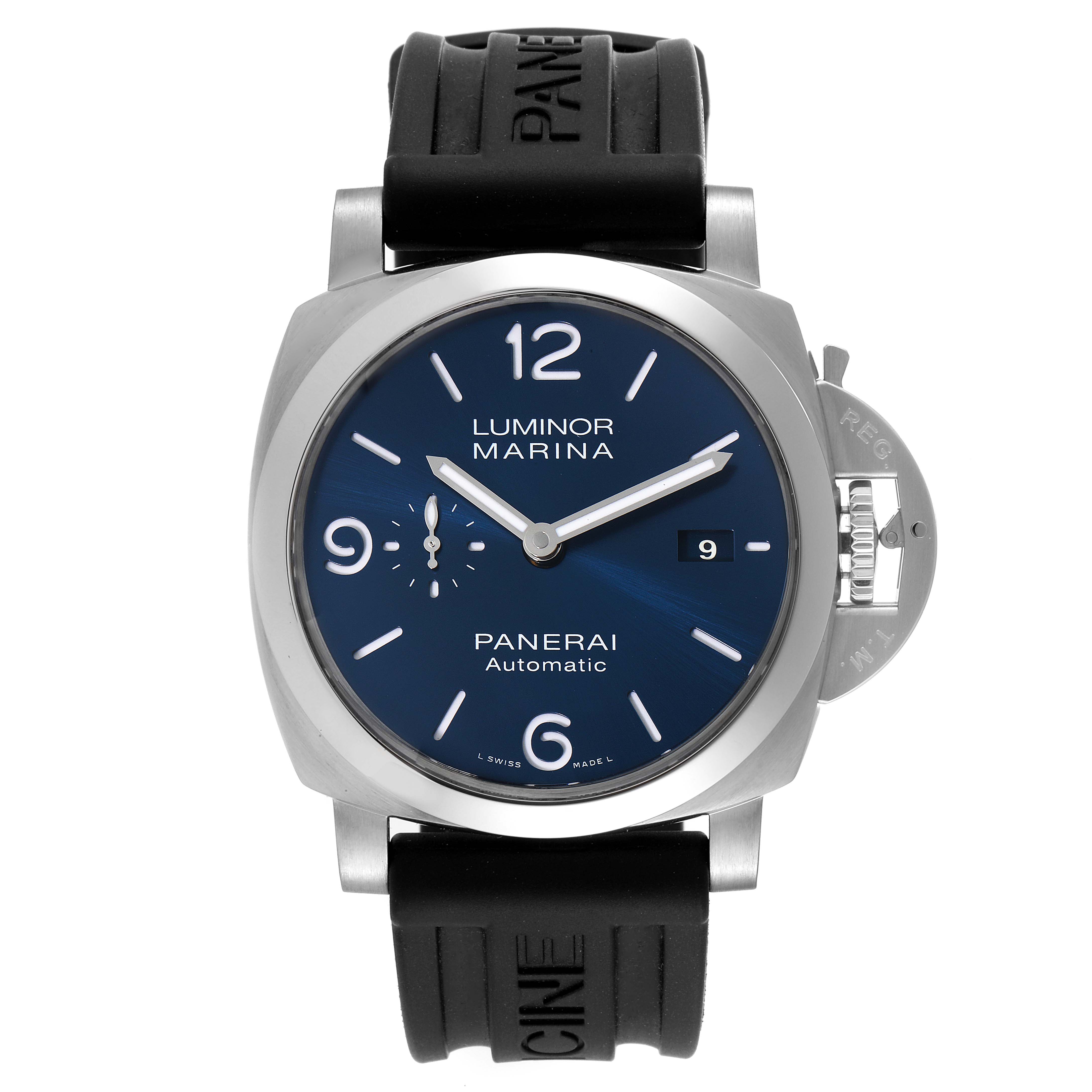 The image shows a Panerai Luminor PAM01313 Men's Stainless Steel Blue Dial PAM01313 Men's Stainless Steel Blue Dial watch from a front angle, displaying its dial, hands, date window, case, and strap.