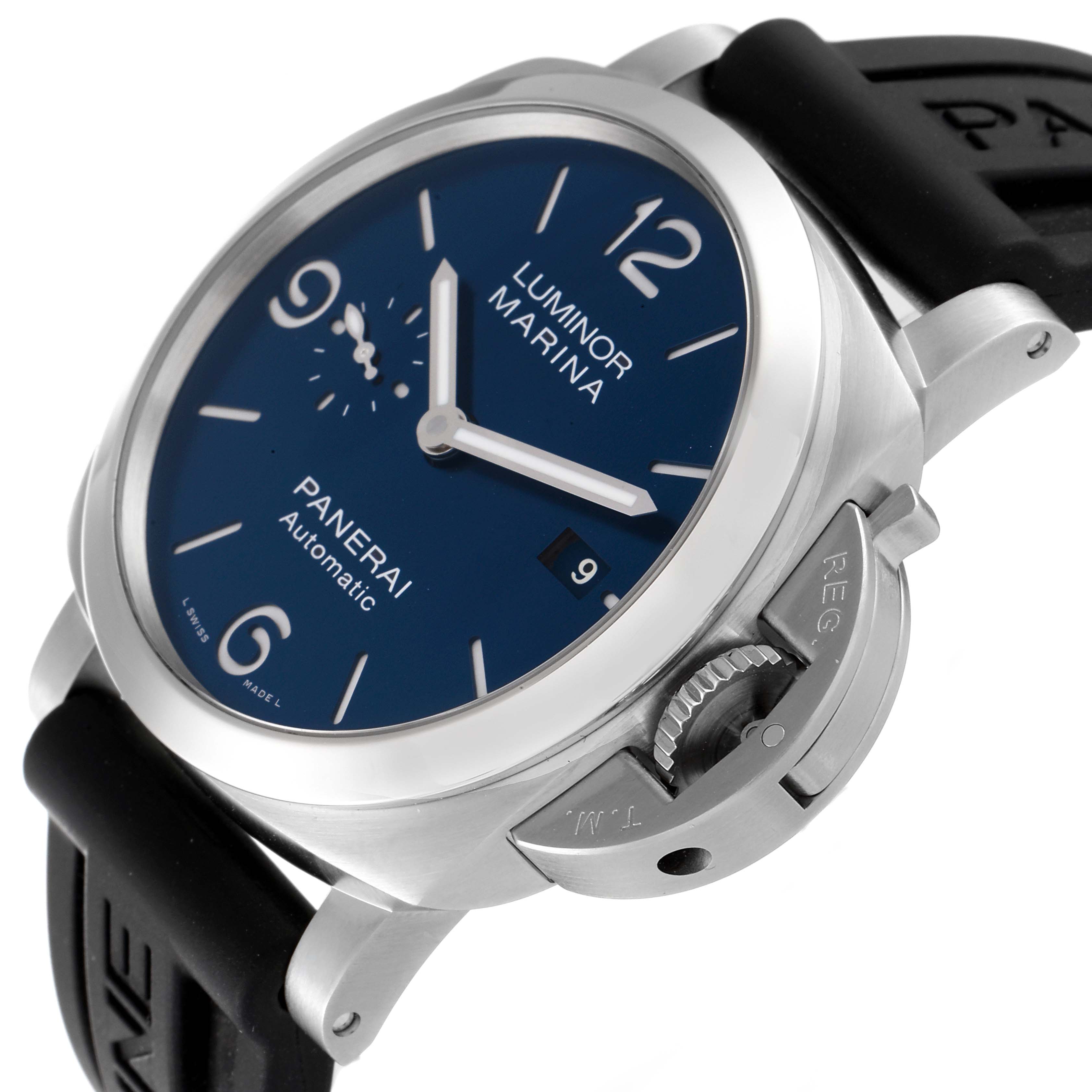 This image shows a side-angle view of the Panerai Luminor PAM01313 Men's Stainless Steel Blue Dial PAM01313 Men's Stainless Steel Blue Dial watch, highlighting the face, crown guard, and black strap.