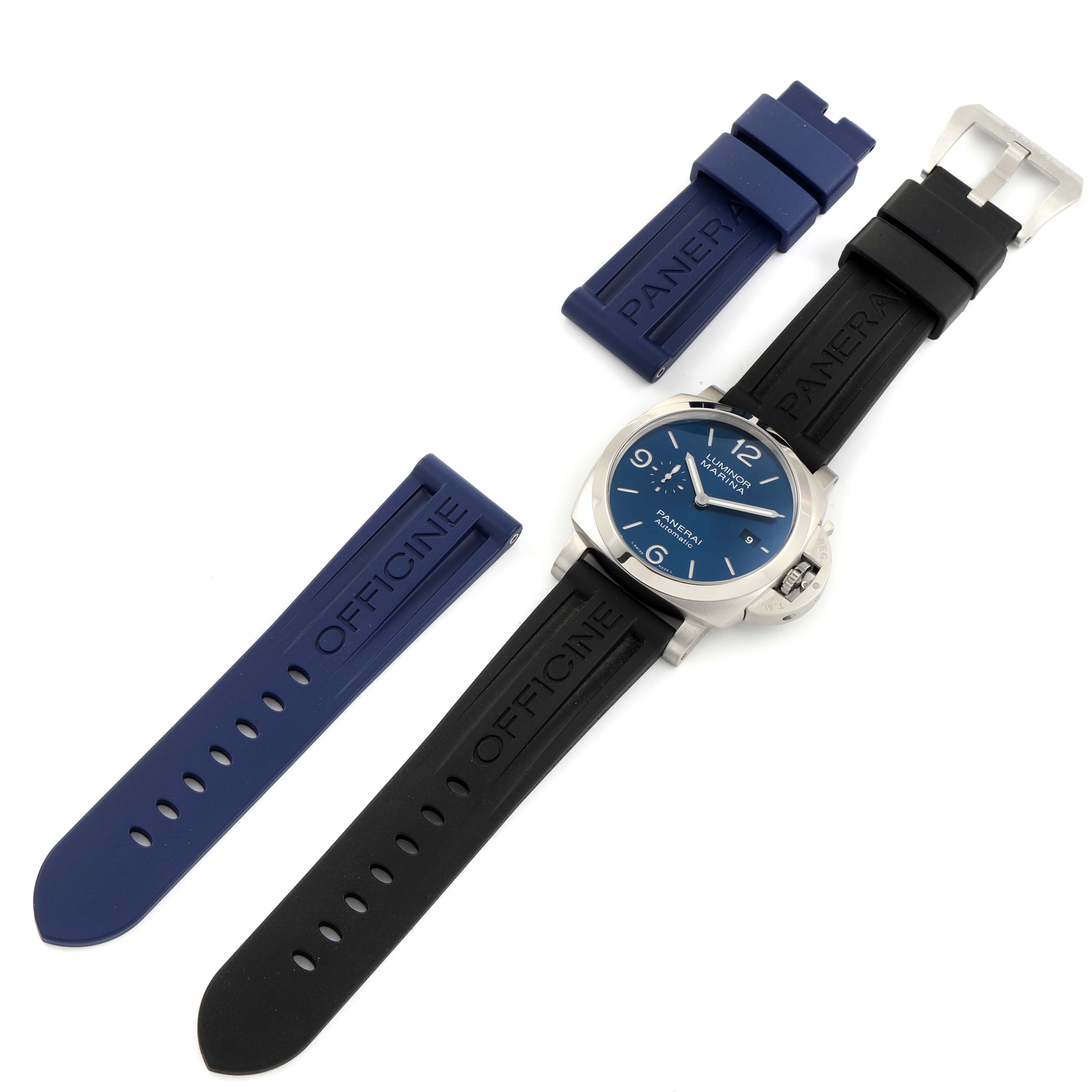 This image shows a Panerai Luminor PAM01313 Men's Stainless Steel Blue Dial PAM01313 Men's Stainless Steel Blue Dial watch with a blue dial, black strap, and additional blue interchangeable straps placed beside it.