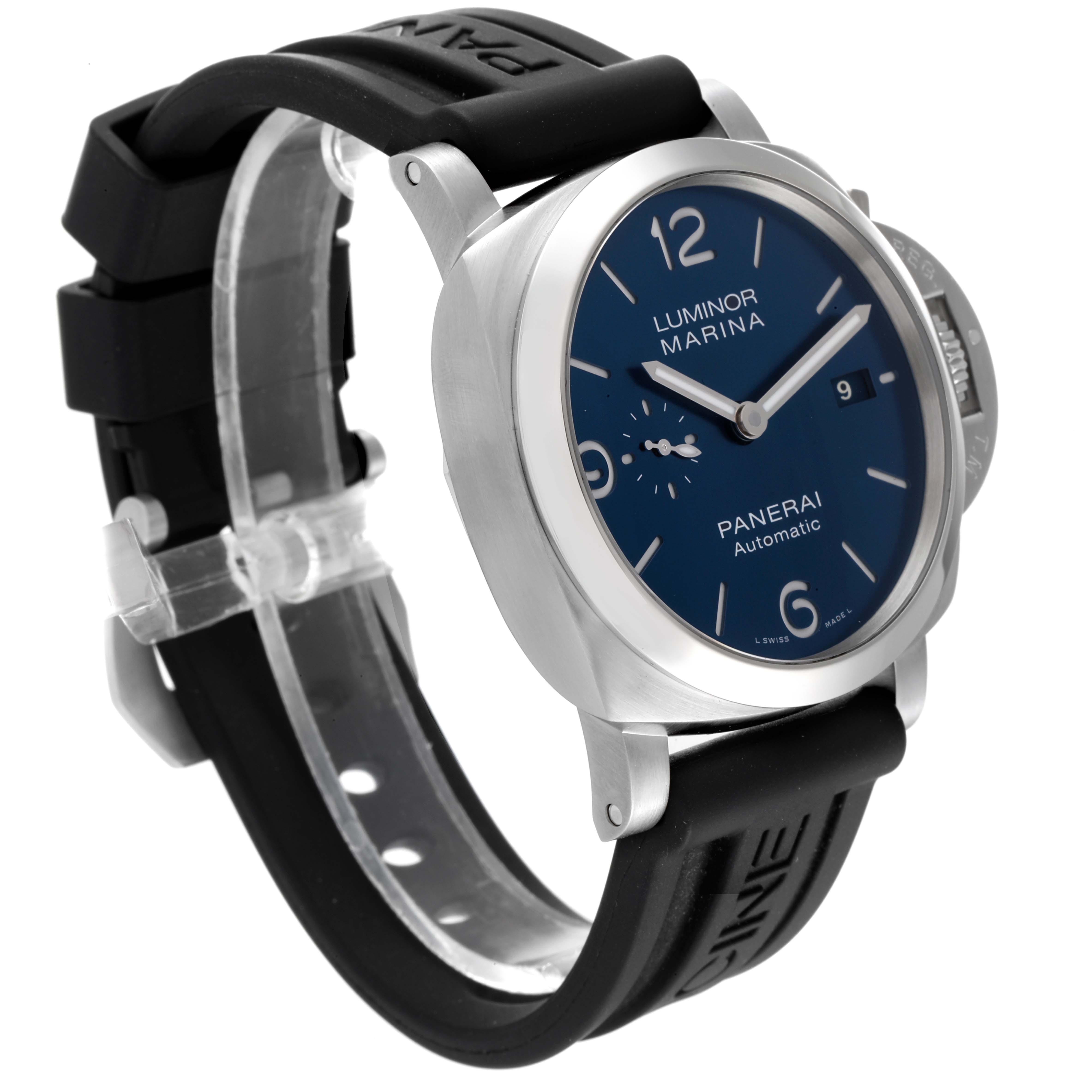 The image shows a side and front angle of a Panerai Luminor PAM01313 Men's Stainless Steel Blue Dial PAM01313 Men's Stainless Steel Blue Dial watch with a blue dial and black rubber strap.
