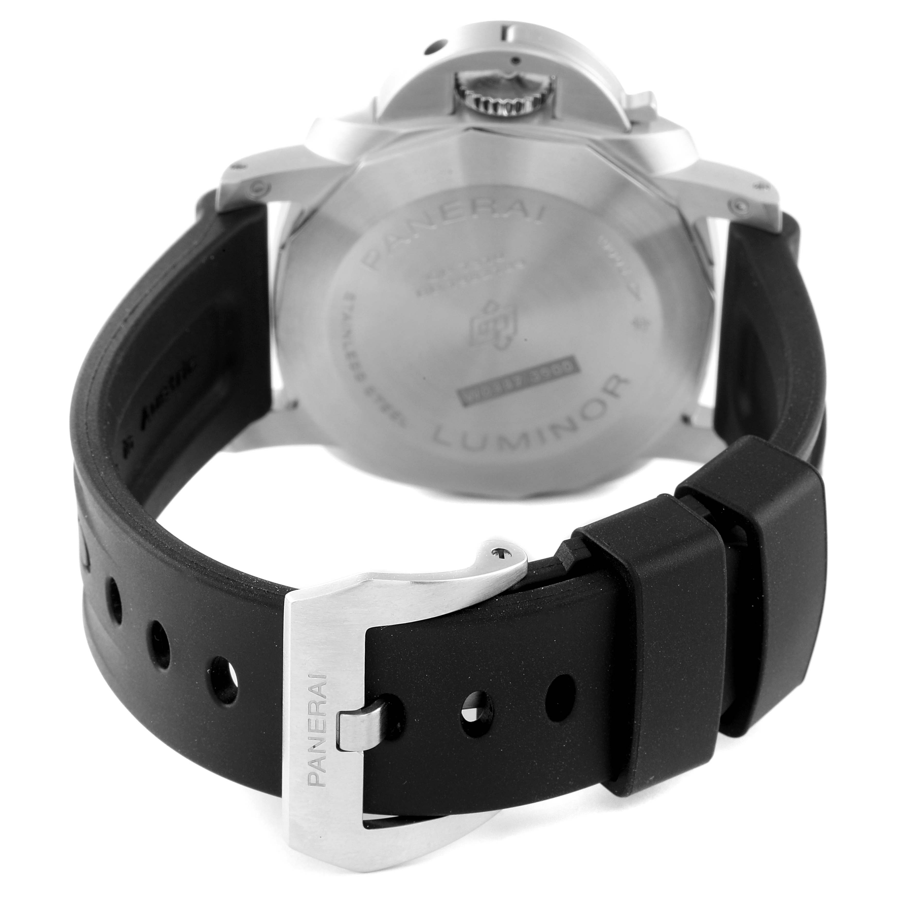 The image shows the back of a Panerai Luminor PAM01313 Men's Stainless Steel Blue Dial PAM01313 Men's Stainless Steel Blue Dial watch, focusing on the case back, crown guard, and the buckle of the black rubber strap.