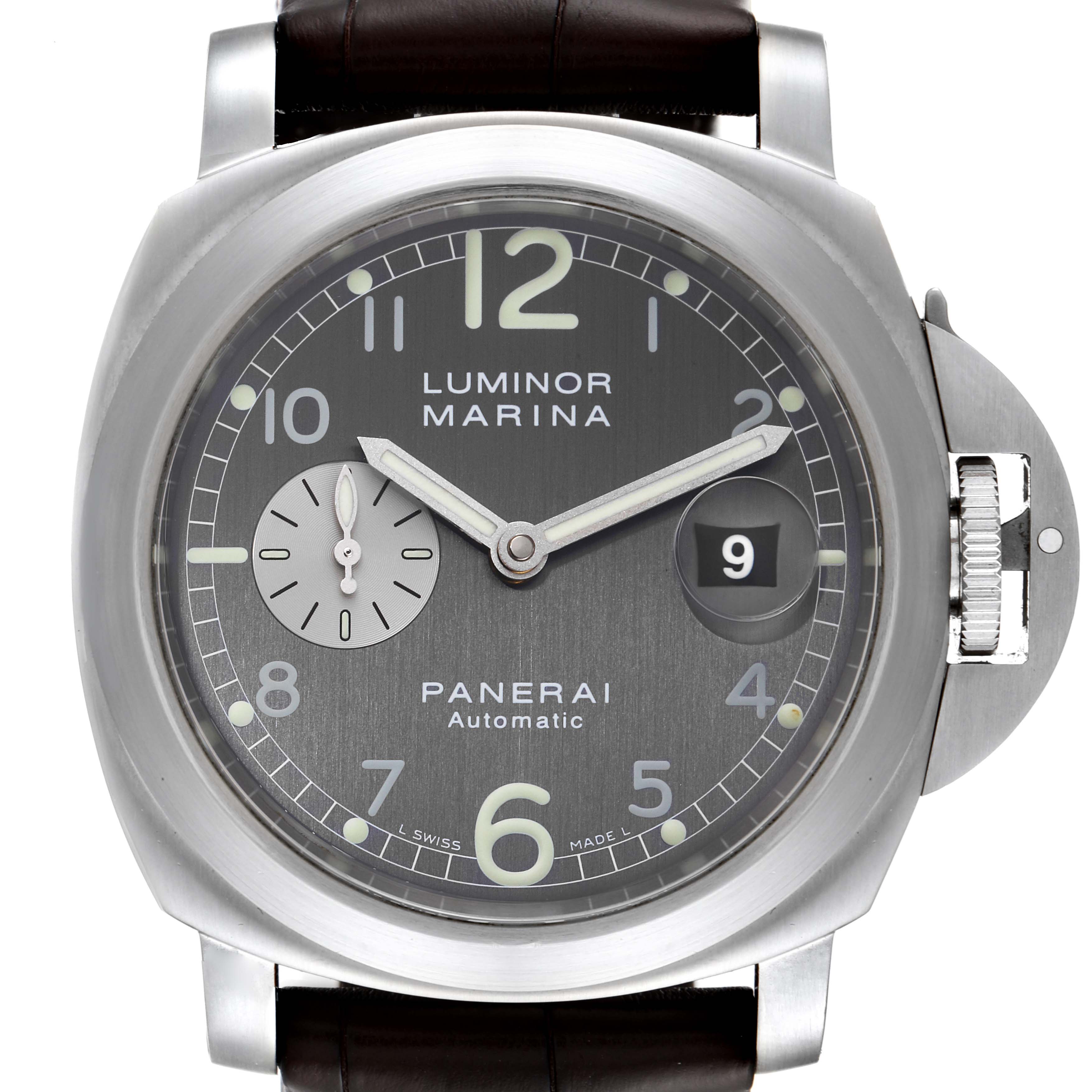 The image shows a front view of the Panerai Luminor PAM00086 Men
s Stainless Steel Black Dial PAM00086 Men
s Stainless Steel Black Dial Marina watch, displaying its face, dial, crown guard, and strap.