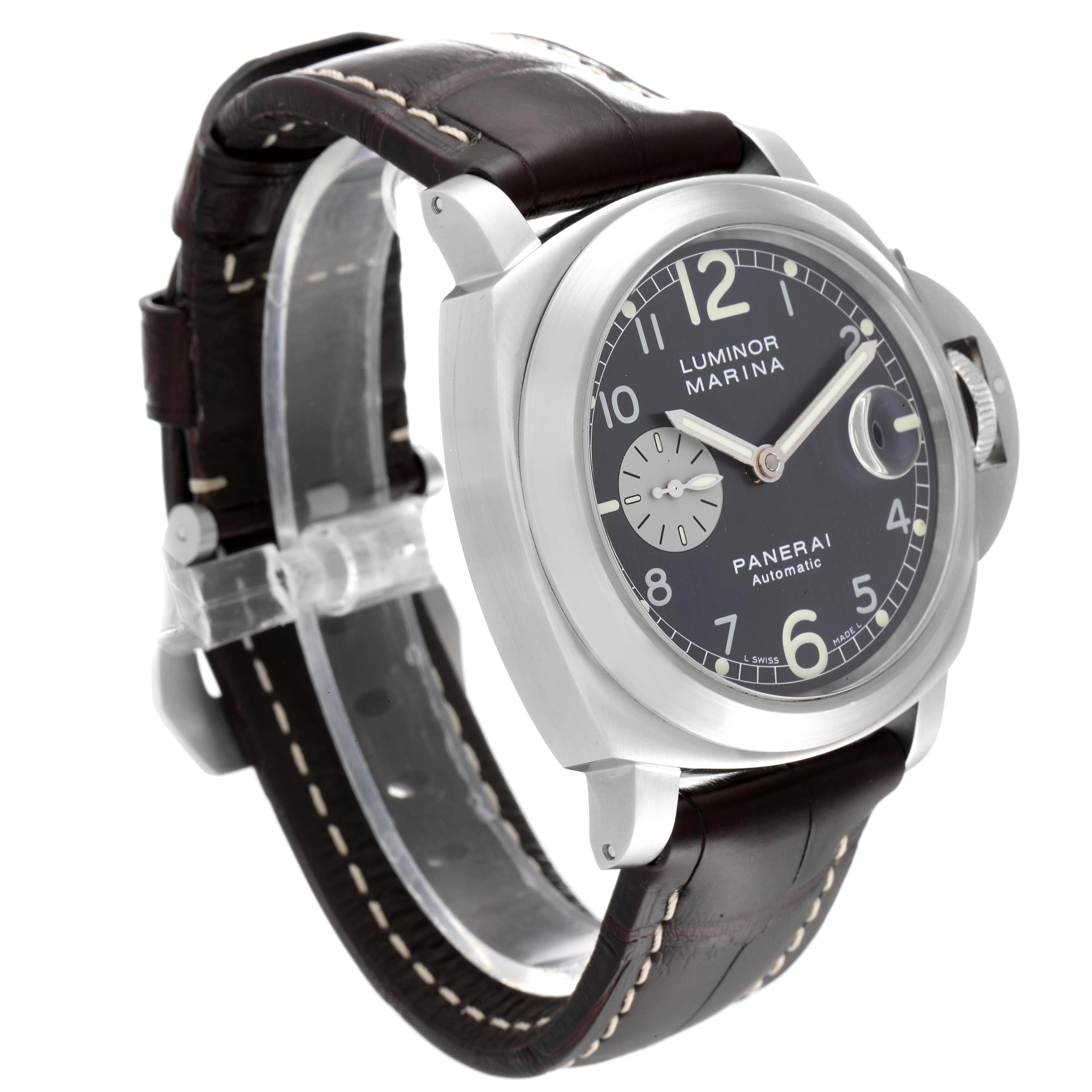 The image shows a Panerai Luminor PAM00086 Men
s Stainless Steel Black Dial PAM00086 Men
s Stainless Steel Black Dial watch angled to display the face, crown guard, case, and leather strap.