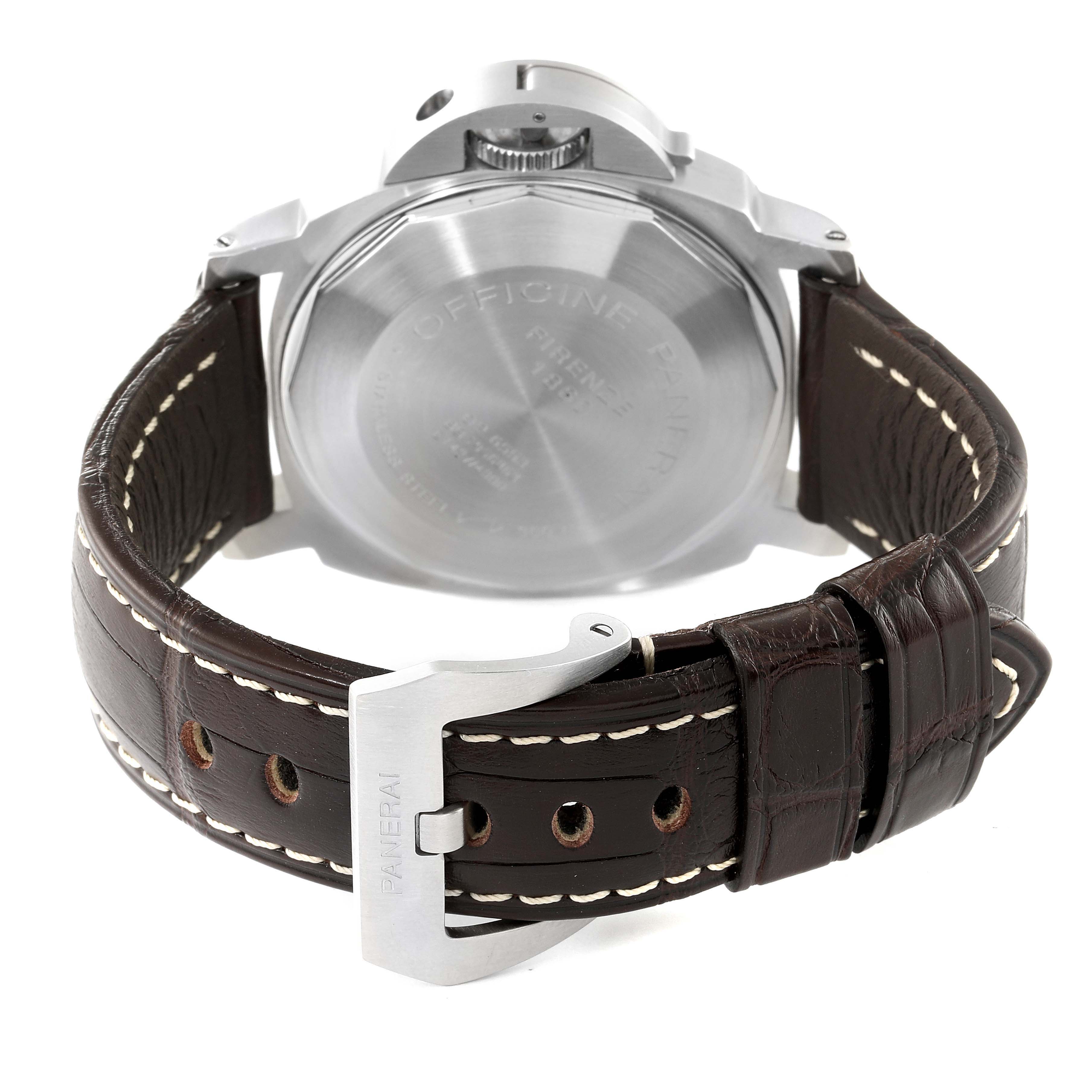 The image shows the back view of a Panerai Luminor PAM00086 Men
s Stainless Steel Black Dial PAM00086 Men
s Stainless Steel Black Dial watch, highlighting the case back, crown, and leather strap with buckle.